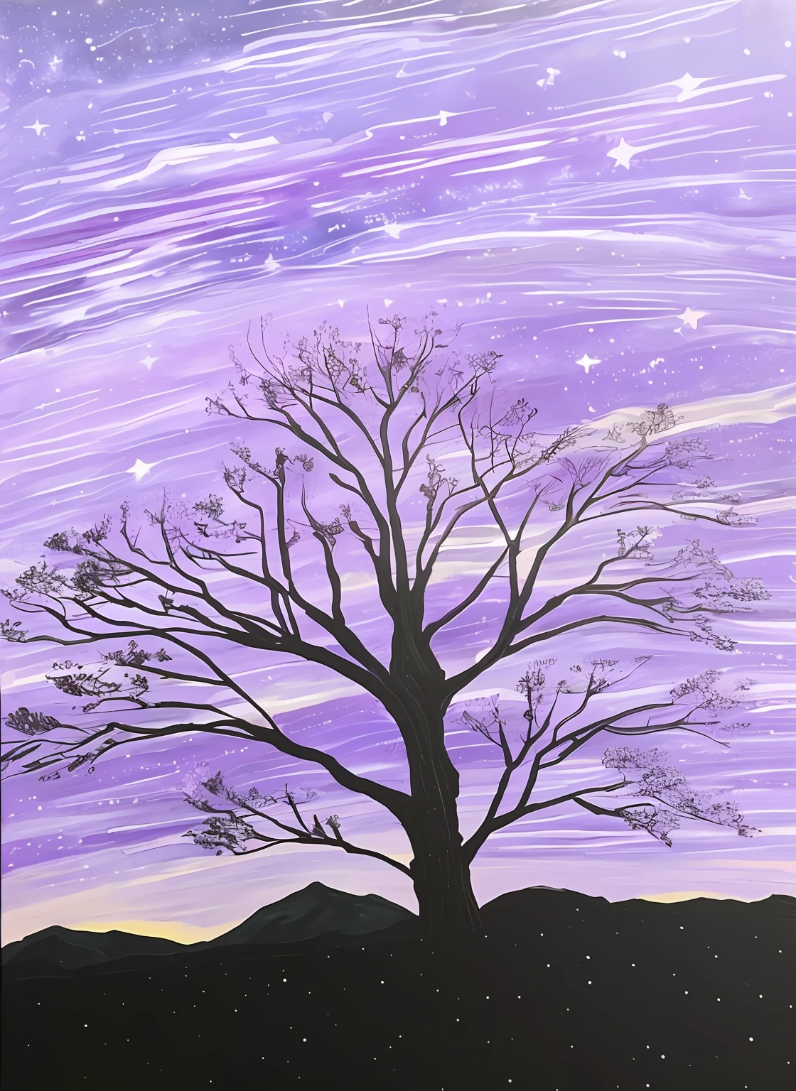 A painting of a tree，Purple sky and stars in background, Inspired by Dwight William Tryon, stary night painting, A star tree in the Milky Way, Inspired by Rockwell Kent, Inspired by Keffen Williams, trees and stars background, Inspired by Peter Brooke, Inspired by Ralph Albert Blacklock, intermediate art, Purple sky in moonlight, cosmic tree