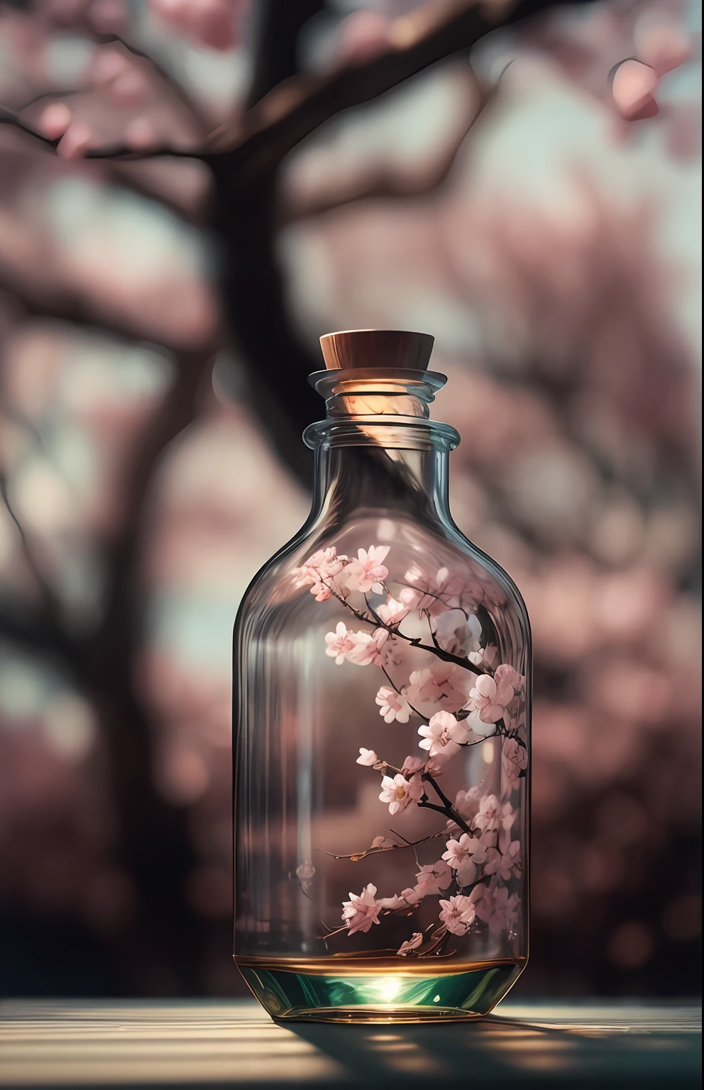 sakura tree in a bottle, fluffy, realistic, atmospheric light refraction, by lee jeffries nikon d850 film stock photograph 4 kodak portra 400 camera f1.6 lens rich colors hyper realistic lifelike texture dramatic lighting unreal engine trending on artstation cinestill 800, Style-Glass