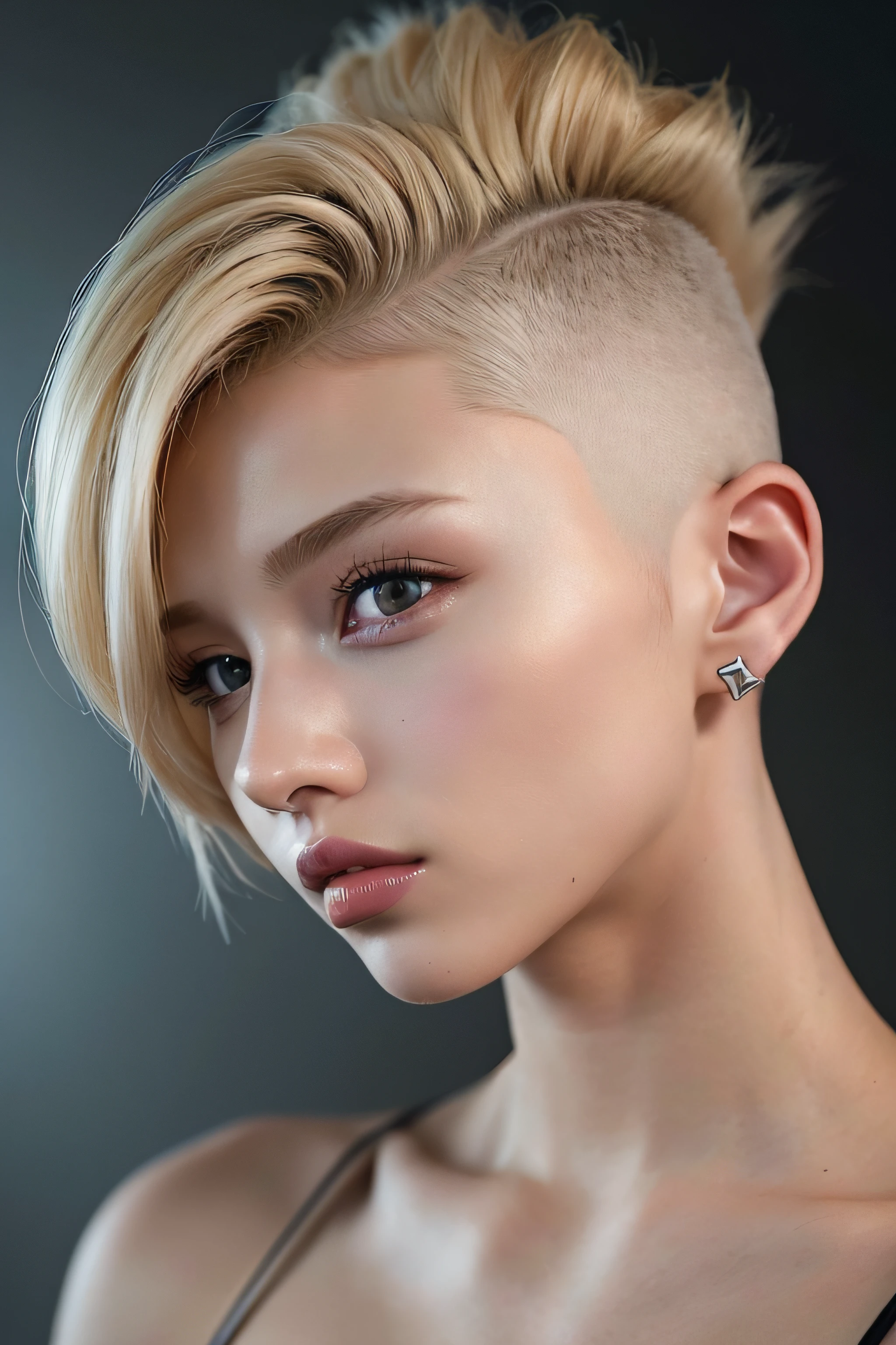 a 20 yo woman, blonde, (hi-top fade:1.3), dark theme, soothing tones, muted colors, high contrast, (natural skin texture, hyperrealism, soft light, sharp)