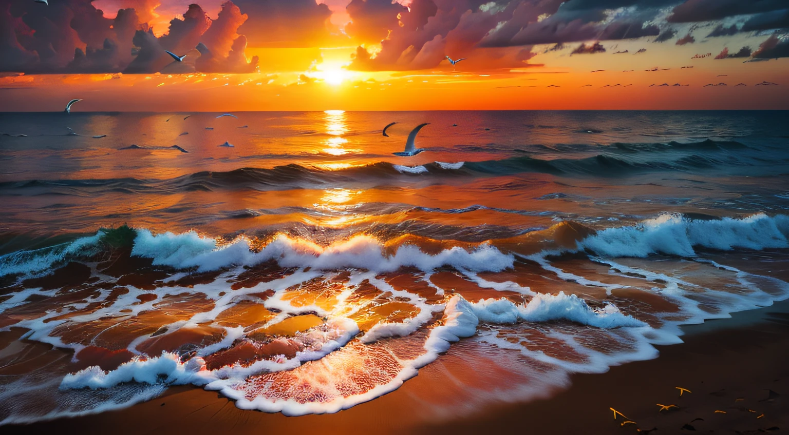 An absolutely mesmerizing sunset on the beach, with a mix of orange, pink, and yellow in the sky. The water is crystal clear, gently kisses the coast, and the white sand is endless. The scene is dynamic and breathtaking, with seagulls soaring high in the sky and palm trees swaying softly. Immerse yourself in the calm atmosphere and let the serenity surround you.