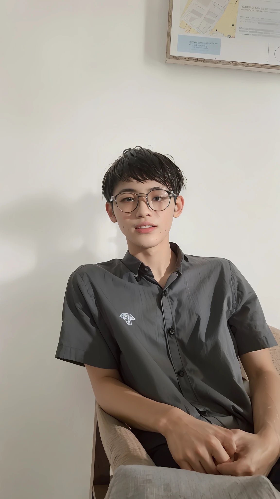 masterpiece, best quality, (dark photo:1.3), photorealistic, 1 teenage boy, short hair with short bangs, round glasses, dark blue shirt, teeth, Best Quality, 8k, 32k, Masterpiece, UHD: 1.2 ), ( Lips), Double Eyelids, Wet Skin, Realistic Rays,