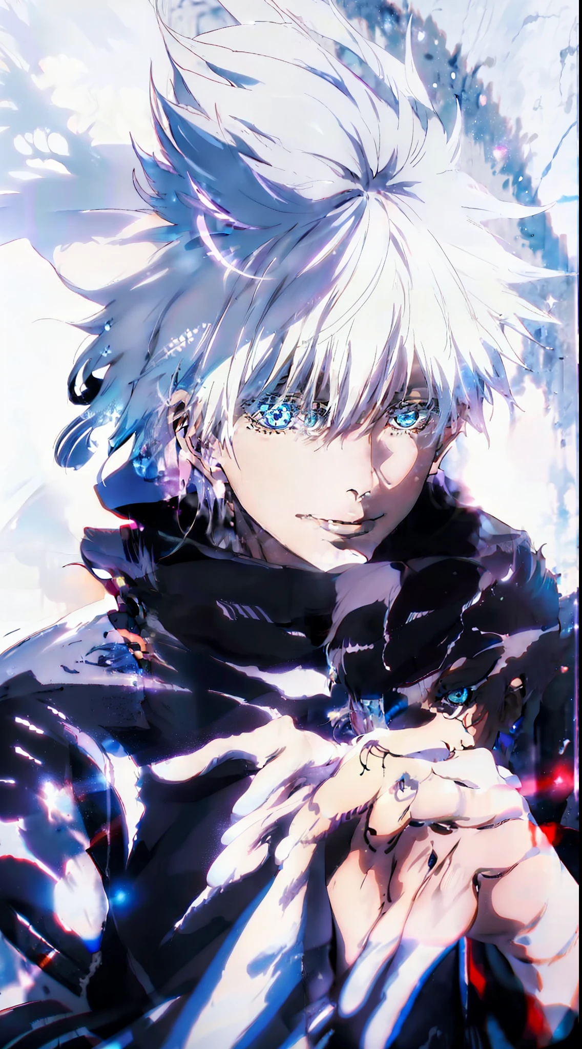 top-quality,Masterpiece,high-level image quality,8k,1 male,独奏,white  hair,((Black clothes)),Light blue eyes,Detailed eye description,cowboy  shot,full bodyesbian,Standing,Crazy smile,((White background,without background))