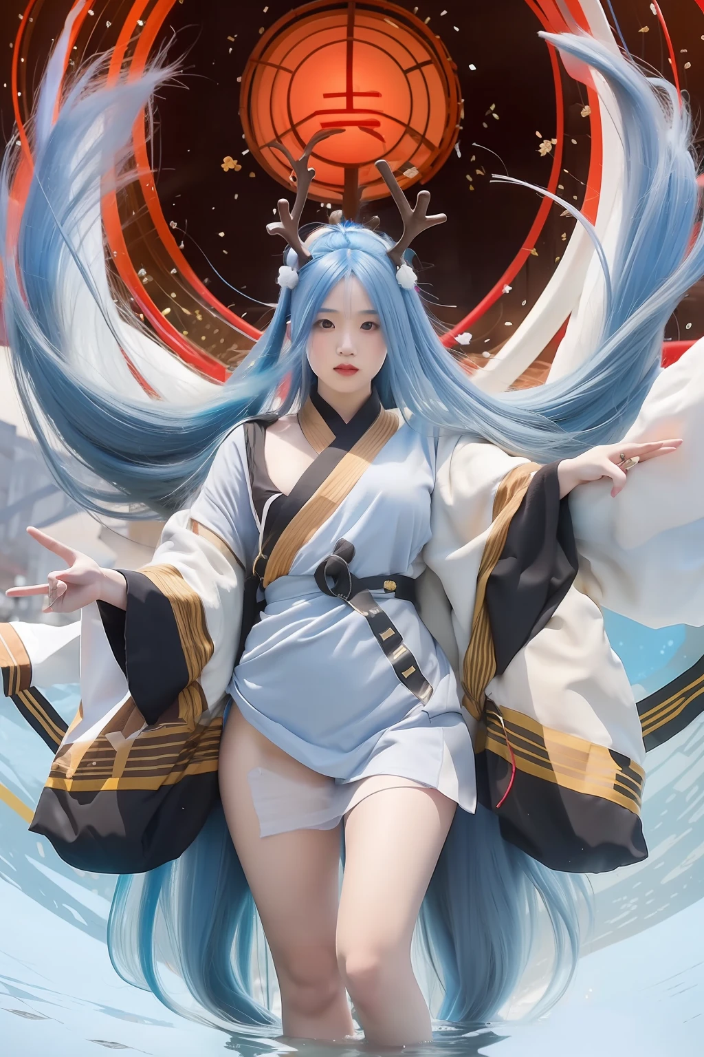 Kaguya otsutsuki. One woman wore a white kimono with a yellow and purple striped. Standing in a dark room. Her hair, straight blue and long, unraveled so beautifully. With a pair of antlers on his head. Both his balls are white as a stare. Her lips are so red sexy. With breasts that stand out big and round. So pretty and realistic