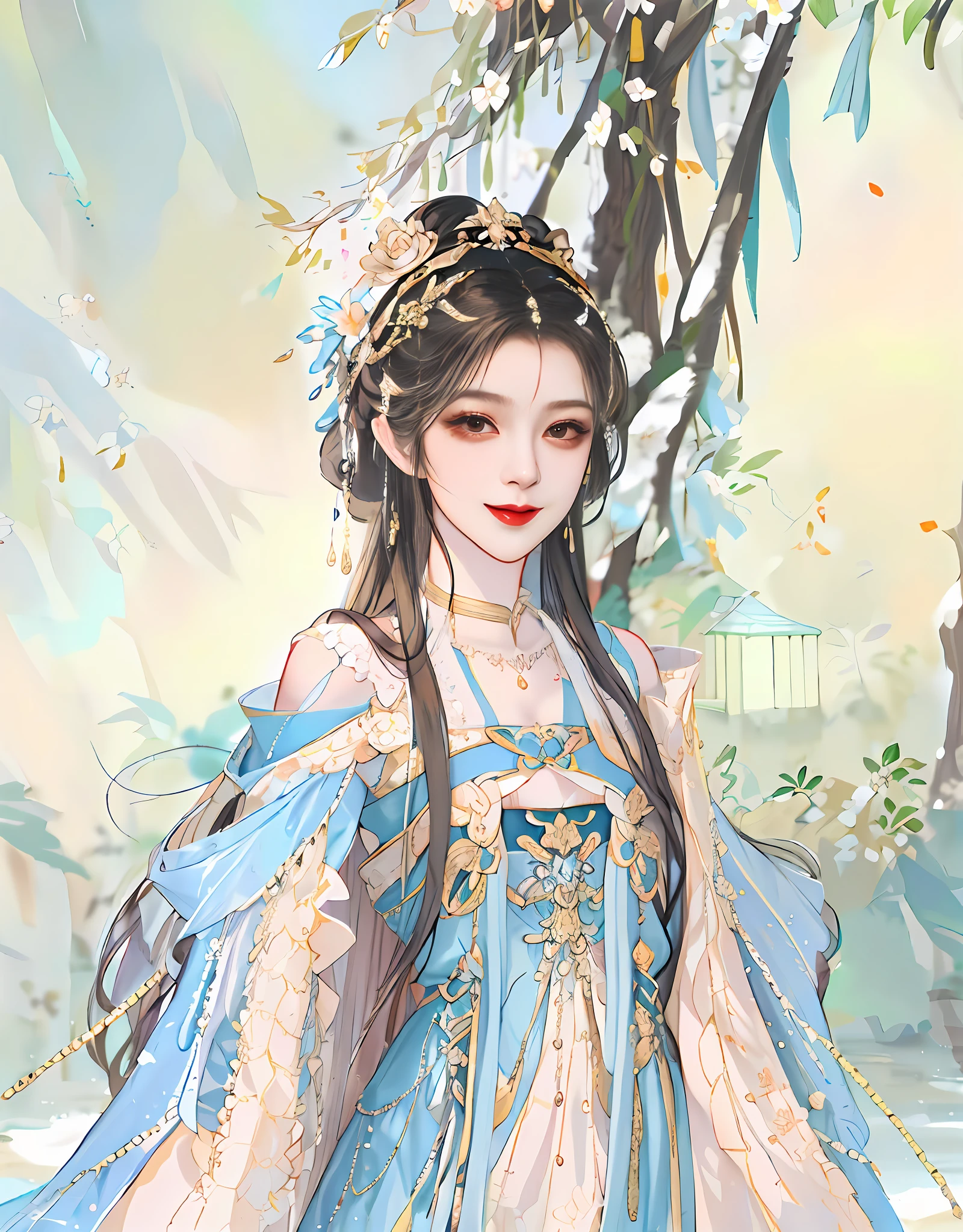 1girl,upper body,fashi-girl,china dress,chinese clothes,hair flower,(masterpiece:1.4),(best quality:1.4),(shiny skin),red lips,looking at viewer,smile