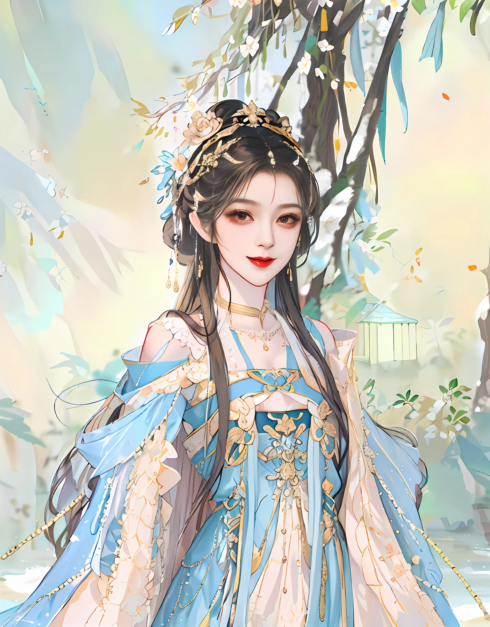 1girl,upper body,fashi-girl,china dress,chinese clothes,hair flower,(masterpiece:1.4),(best quality:1.4),(shiny skin),red lips,looking at viewer,smile