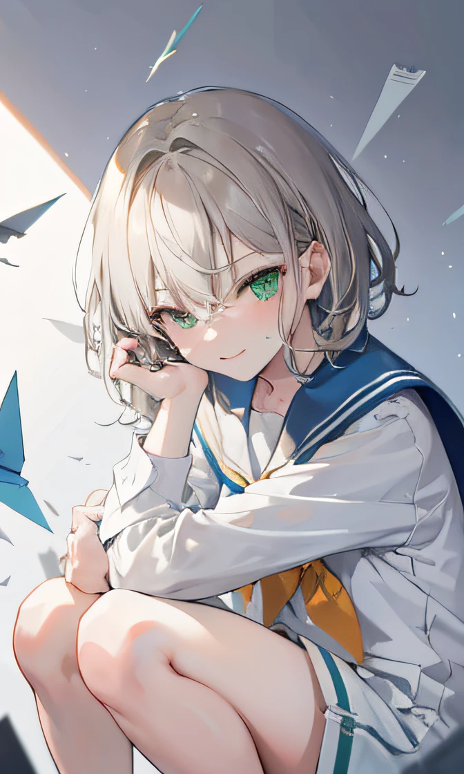 ((masterpiece, best quality)), solo, a gender-natural female, tall, gray beige hair, ((medium hair)), straight hair, unkempt hair, green eyes, half-closed_eyes, hair between eyes, Sailor suit, blue shorts,paper airplane,dynamic angle,action,crouching down,smile