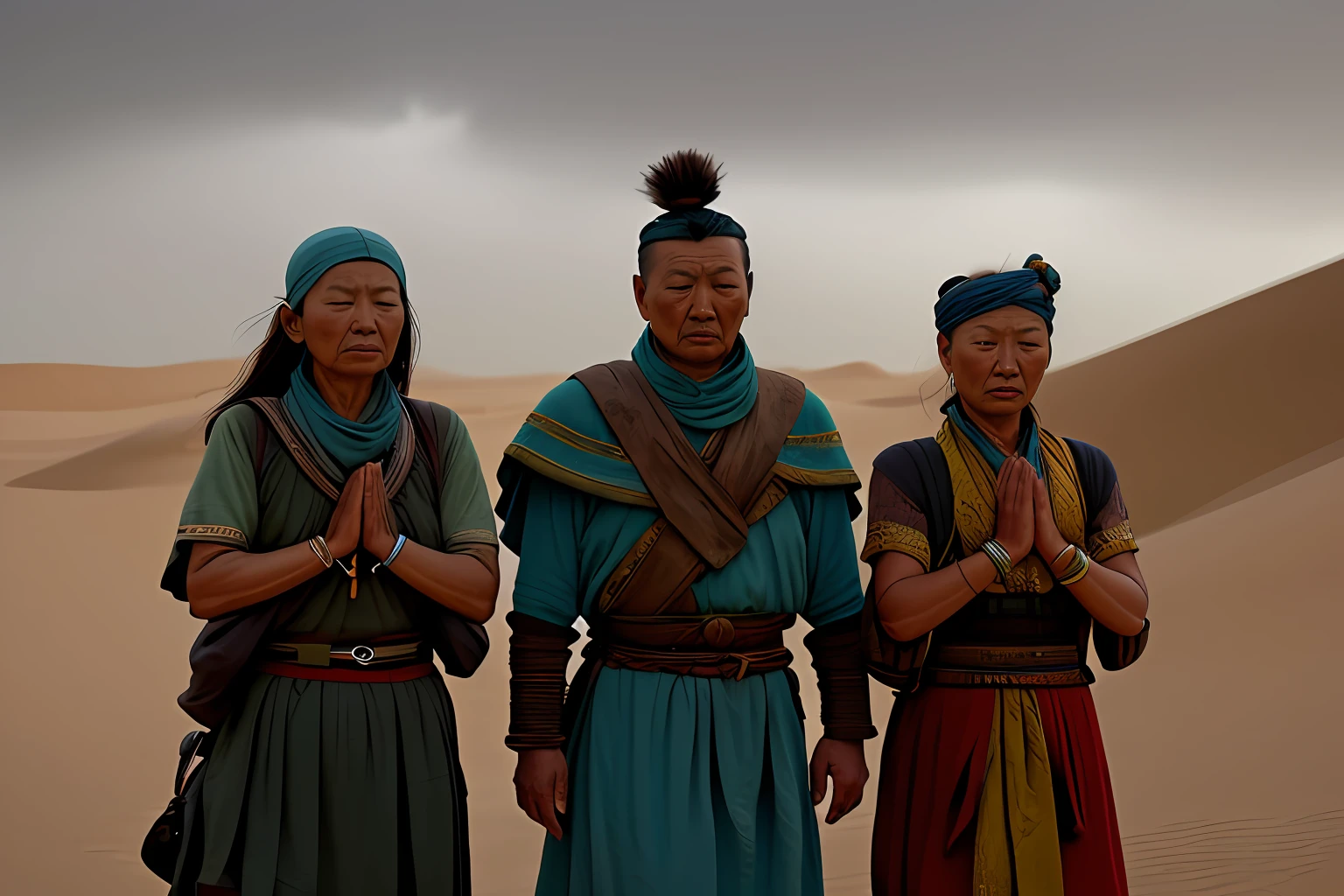 Movie Stills, Dunhuang Desert, Three Ancient People, Praying to the Sky, Sacrifice, Thunderstorm Coming, 8K, Cinematic Lighting, Extreme Detail, Medium Distance, Sandy Style