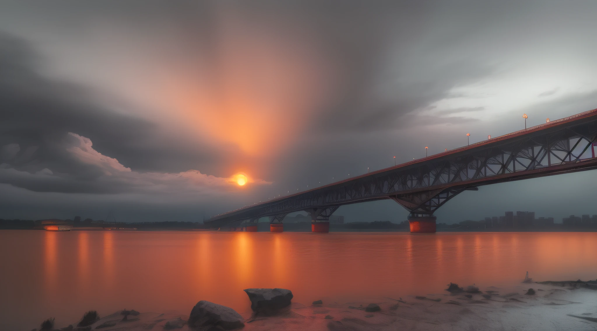Nanjing Yangtze River Bridge on the water,downpours,very heavy rain,Rain splashes on the surface of the water,Rain fell to the ground,The background is sunset, nanking,Yangtze River Bridge Blue hour photography, late sunset, At sunset, cinematic Film still from, 1 glowing bridge crossing river, post-proces, late sunset, shot at golden hour, a long-shot, vibrant sky