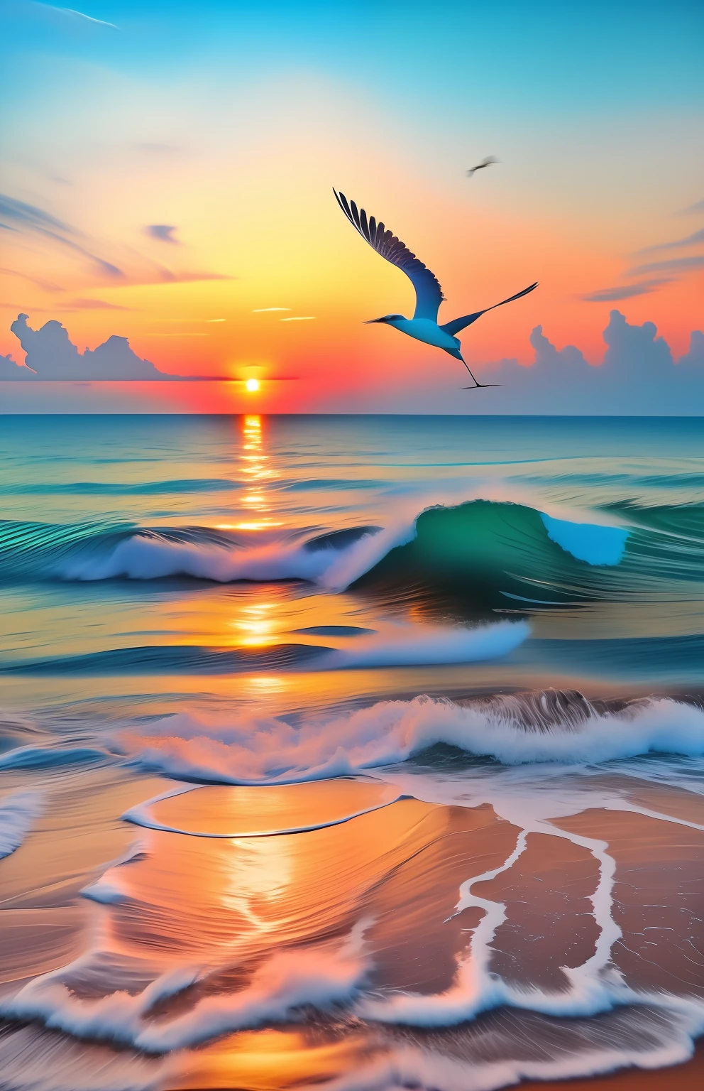 sunset over the ocean with a bird flying over the waves, ondas altas, Natureza Bonita, lindo nascer do sol, foto muito bonita, amazing background, bela foto, colorful sunset, beautiful sunset, belo oceano, Shutterstock, beautiful high resolution, beautiful composition, paisagem do mar da fantasia, foto de uma bela, incrivelmente bonito, Voando sobre o oceano, magnificent background