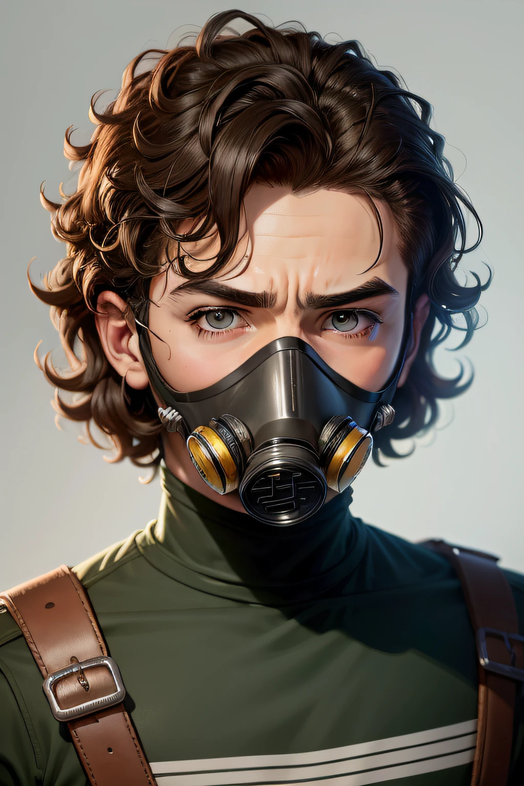 Caricature of a man with a gas mask on his head, Varguyart style, half-body portrait, halfbody headshot, cel - shaded art style, he has short curly brown hair, colored sketch, character portrait of me, portrait of a small, sketchy artstyle, unrealistic character concept, unknown artstyle, concept headshot art, stylized portrait, jitome, hyper HD, A high resolution