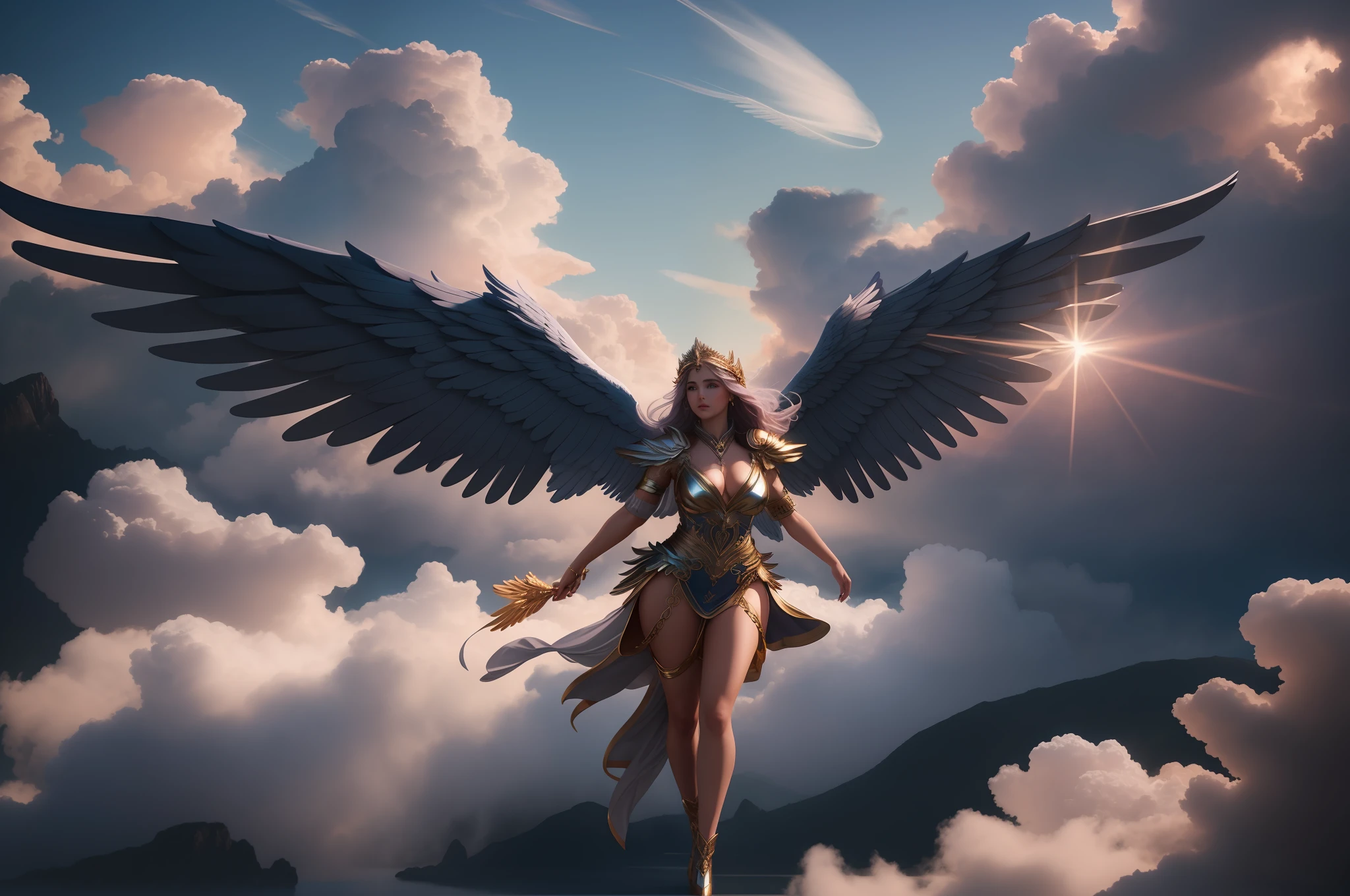 There is a woman flying in the sky with a great angel, Renderizado del motor irreal + una diosa, as a mystical valkyrie, Unreal Engine Fantasy Art, super wide angel, epic angel wings, Estilo Fantasy 8 K Octano Render, por Yang J, Stuning Fantasy 3D render, humano alado, full - body majestic angel, Artgerm ; Motor 3D Unreal