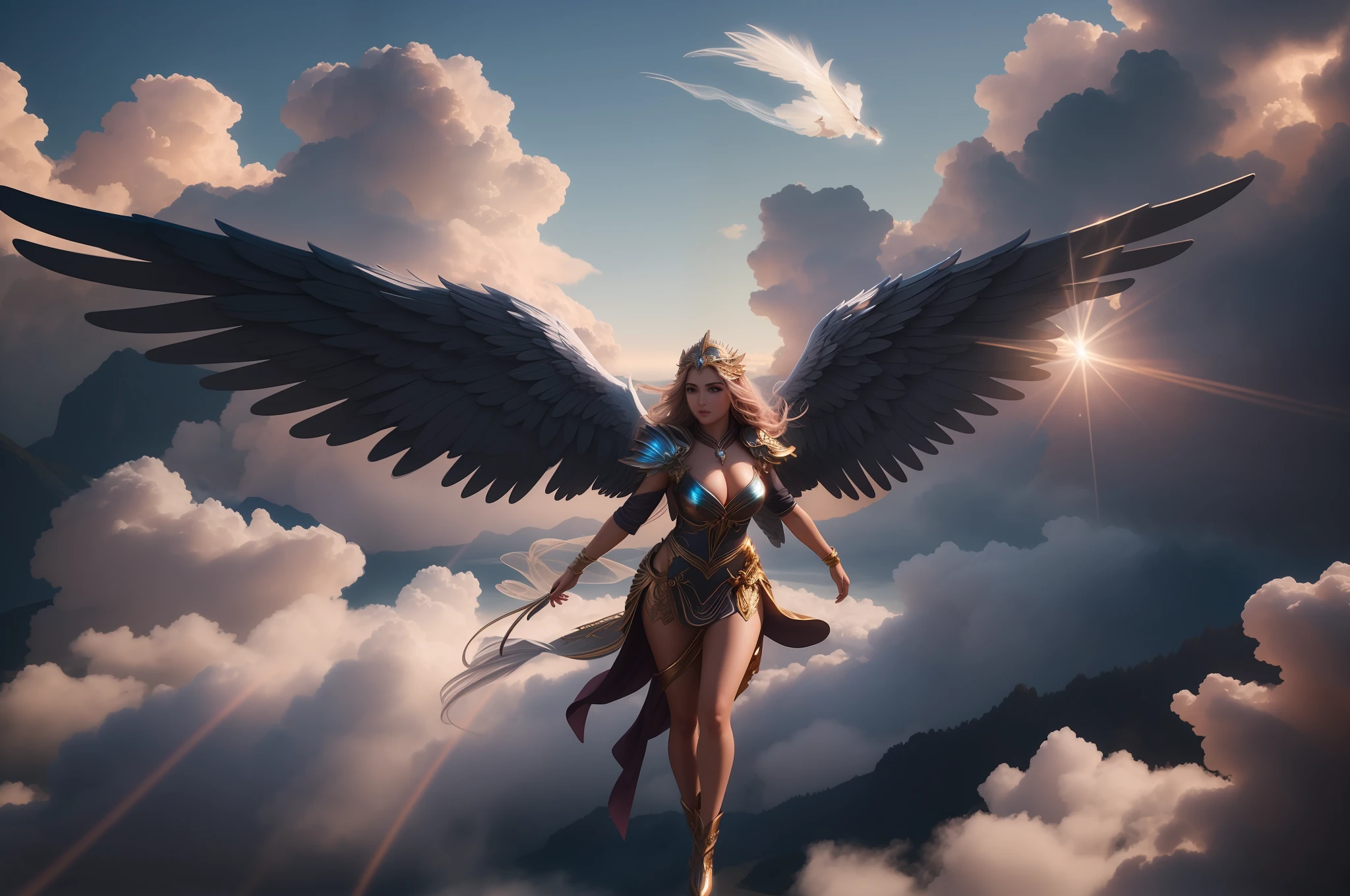 There is a woman flying in the sky with a great angel, Renderizado del motor irreal + una diosa, as a mystical valkyrie, Unreal Engine Fantasy Art, super wide angel, epic angel wings, Estilo Fantasy 8 K Octano Render, por Yang J, Stuning Fantasy 3D render, humano alado, full - body majestic angel, Artgerm ; Motor 3D Unreal