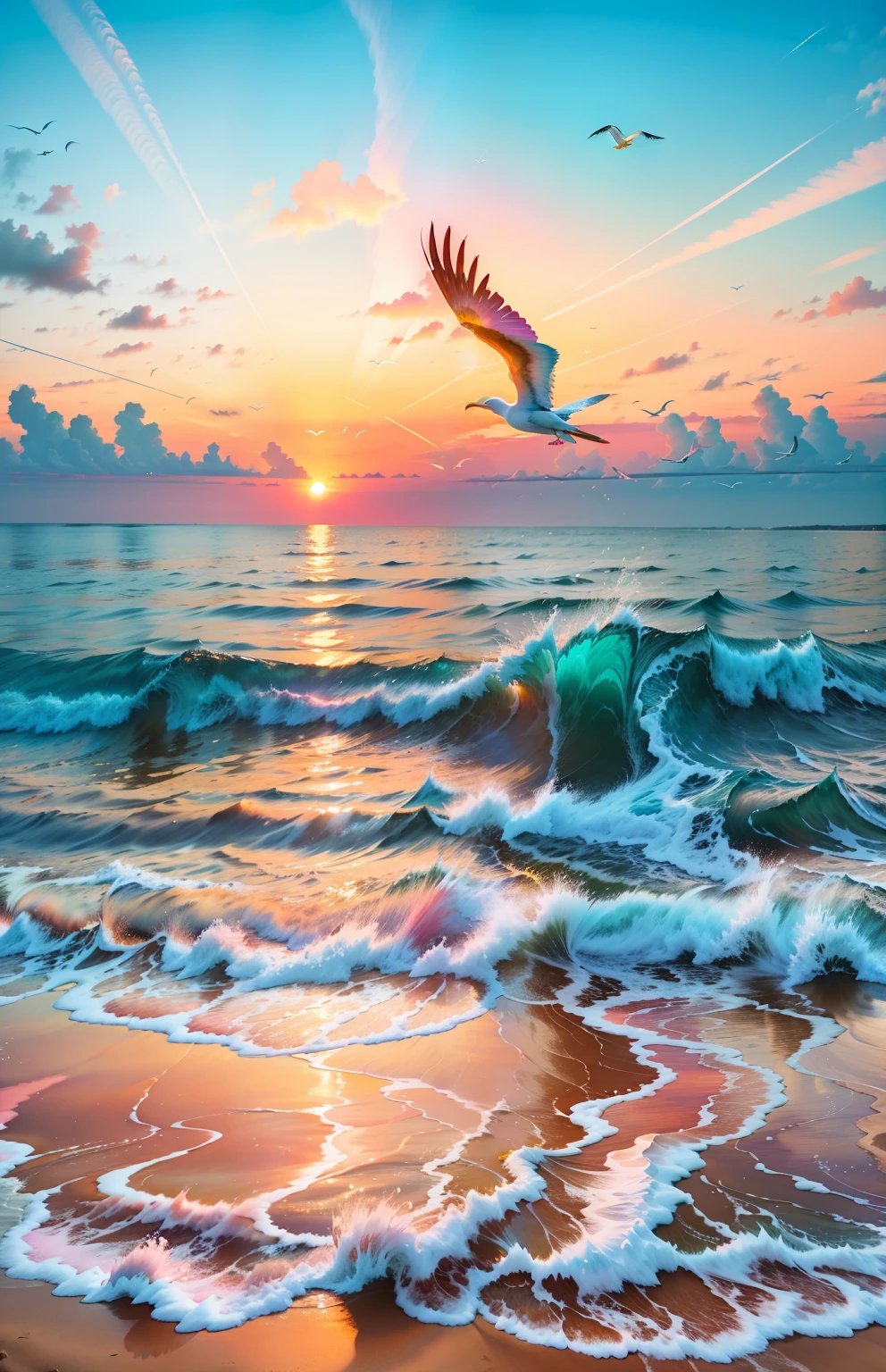 An absolutely mesmerizing sunset on the beach, with a mix of orange, pink, and yellow in the sky. The water is crystal clear, gently kisses the coast, and the white sand is endless. The scene is dynamic and breathtaking, with seagulls soaring high in the sky and palm trees swaying softly. Immerse yourself in the calm atmosphere and let the serenity surround you.