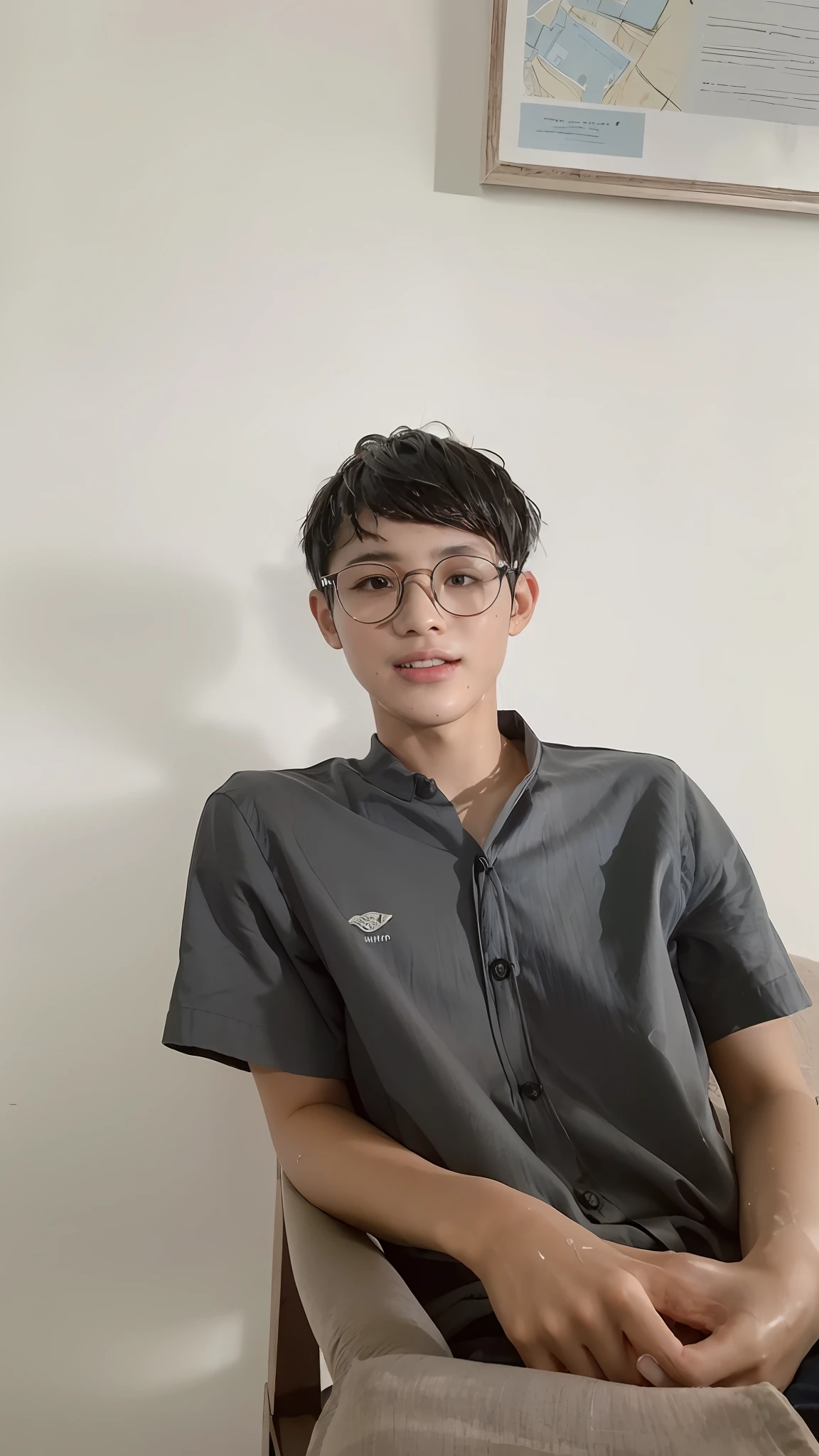 masterpiece, best quality, (dark photo:1.3), photorealistic, 1 age boy, short hair with short bangs, round glasses, dark blue shirt, teeth, Best Quality, 8k, 32k, Masterpiece, UHD: 1.2 ), ( Lips), Double Eyelids, Wet Skin, Realistic Rays,