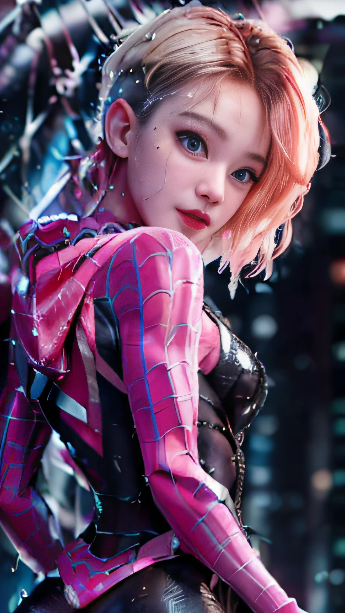 Gwen Stacy, Spider Gwen suit, tights, superheroes, (full body photo), ((Spider-man pose)), (dynamic pose tights, superhero, (blonde and pink hair), (blue eyes), animation, eyebrow piercing (side cut: 1.3), (asymmetrical_hair: 1.3), (one side of shaved head: 1.3), facial focus, 25yo, (slim: 1.3), (big breasts: 1.8), masterpiece, best quality, 1 girl , open eyes, blush, narrow waist, looking at viewer, standing, smiling, individually focused, realistic, very detailed, (from front), high resolution, (black background),((She is wet)),(raining, rainy wet, wet body :1.2)