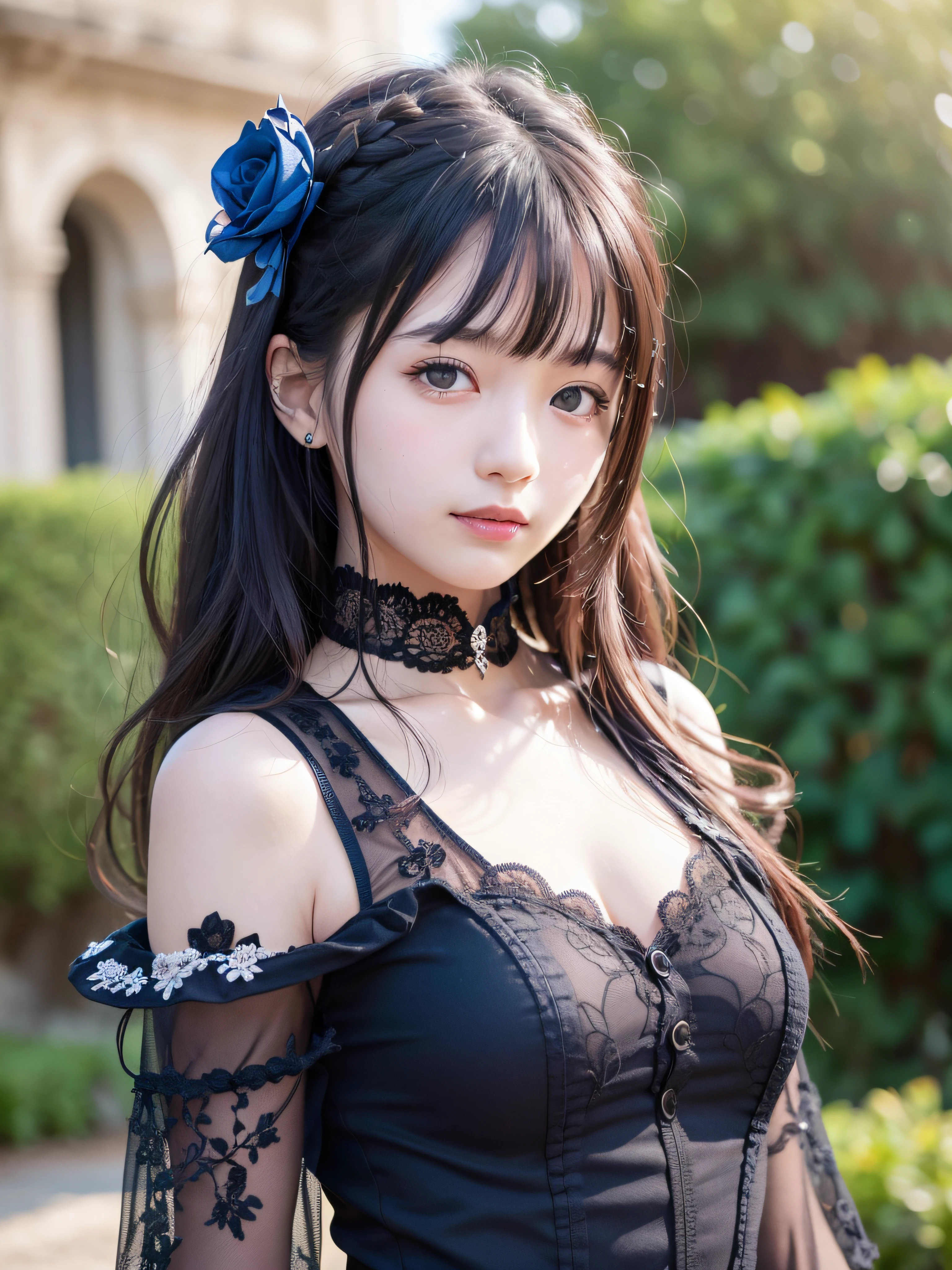 realistic, photo realistic:1.37), incredibly absurdres, (insanely detailed:1.3), 8k, (masterpiece), (best quality:1.4), (ultra high res:1.2), (raw photo:1.2), (unity 8k wallpaper), 1 nogizaka girl, utterly cute, (bishojo:1.35), (15yo:1.4), ((alice and the pirates fashion)), an exquisitely detailed and beautiful face and eyes and skin, hair accessory with blue rose, medium breasts, delicate detailed beautiful dress, detailed black medium hair, professional lighting, smile at the camera, cowboy shot, petit trianon garden and farmhouse, view a village and lake, ultra detailed background