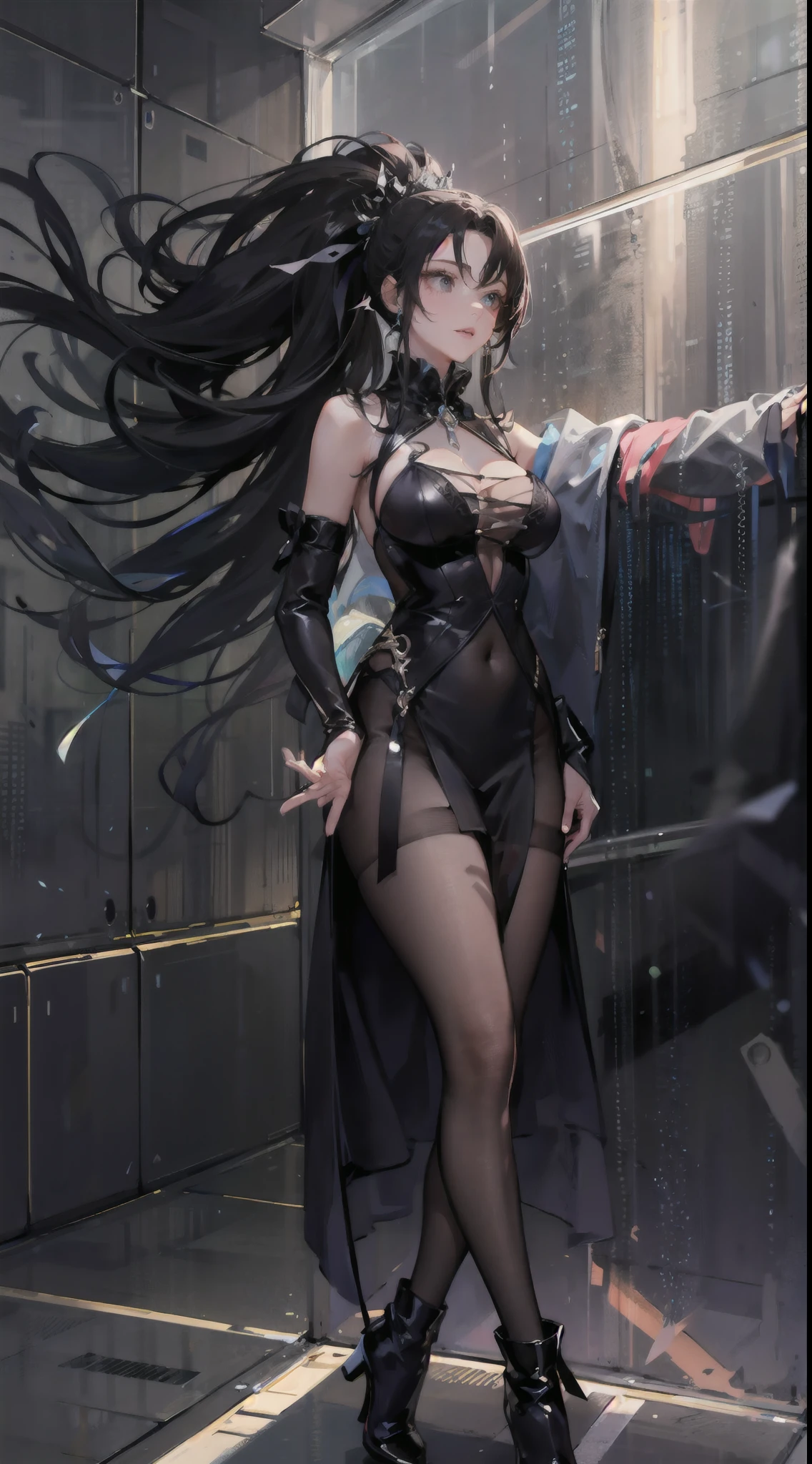 1girll,beauitful face,Celebrity,High ponytail,Sexy body,black color dress,The chest has black transparent tulle,Bare legged,Black booties,tmasterpiece,8K,high qulity,