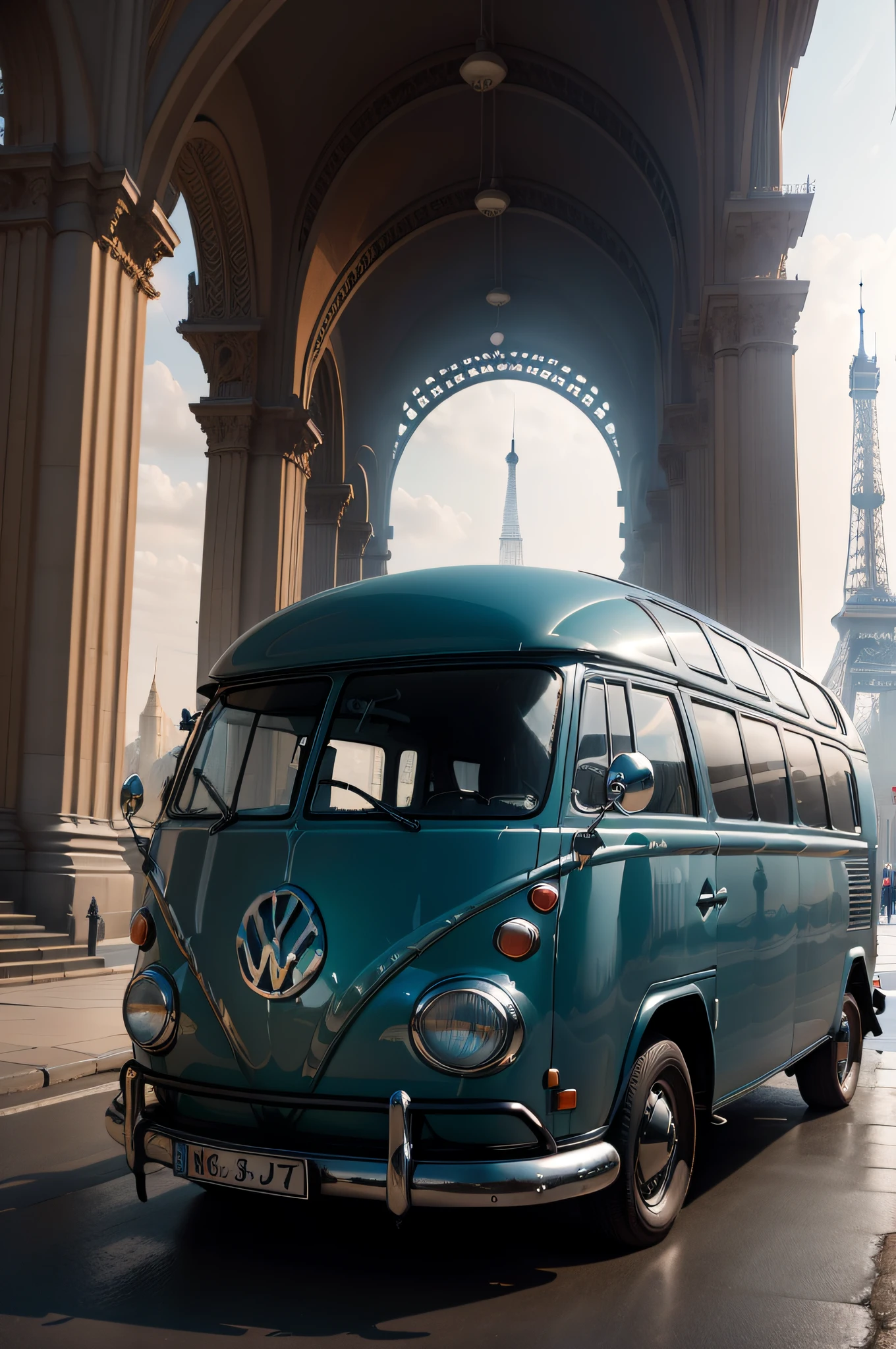 un minibus volkswagen vintage, noir et or, au pied de la Tour Eiffel au petit matin