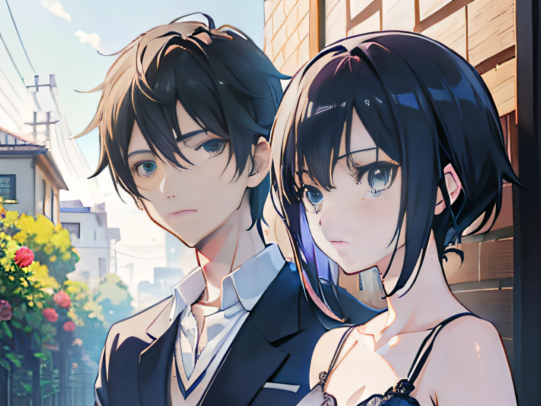 Anime couple,In the background is a rose bush, ,Makoto Shinkai's anime-style portrait, adolable, style of anime4 K, Stunning anime face portrait, Makoto Shinkai and Artgerm, Kawaii realistic portrait, Digital anime illustration, Guviz, anime styled digital art
