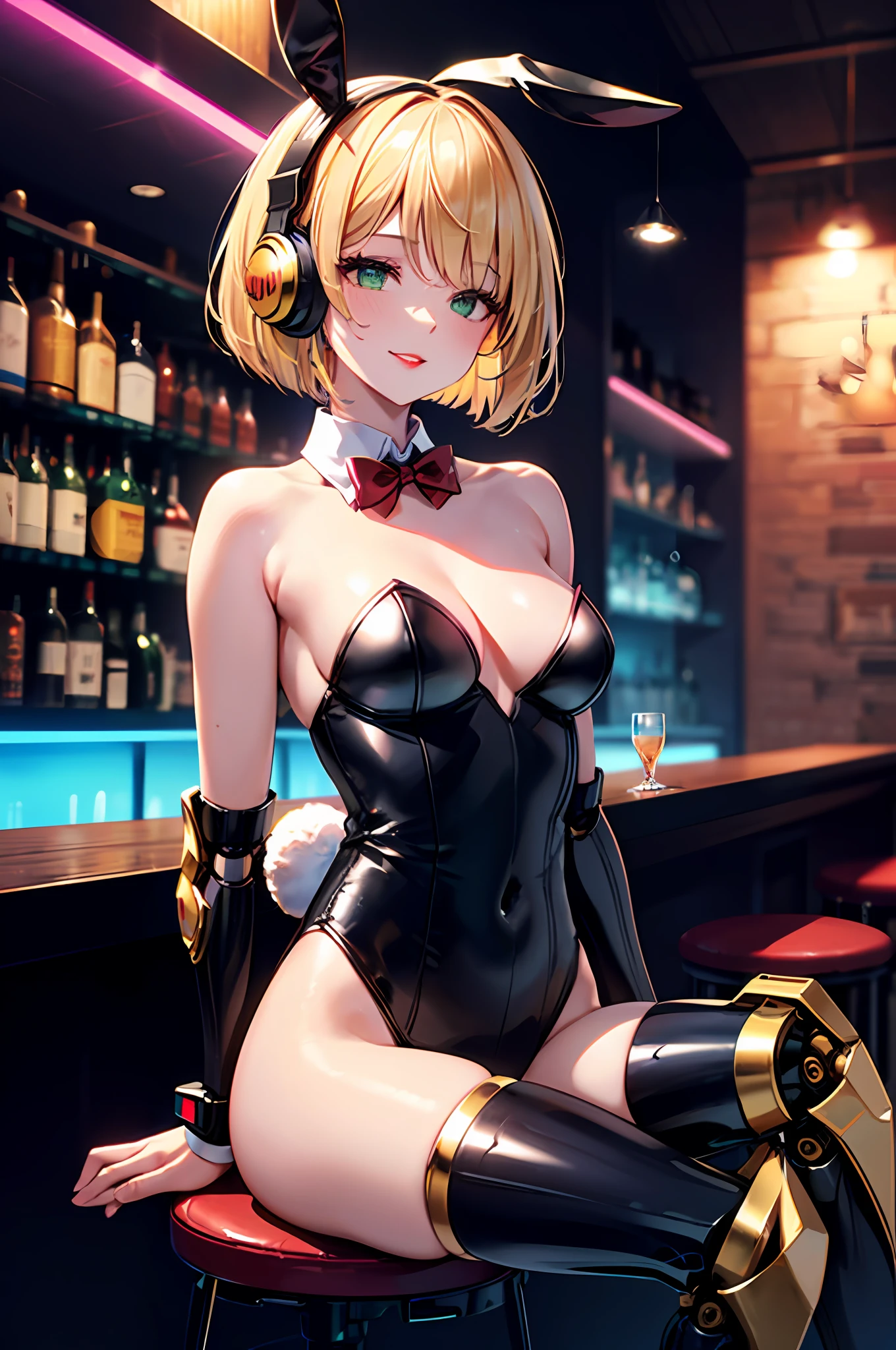 Top quality, intricate detail, super detailed, accurate depiction, highly detailed 8k wallpaper, beautiful mechanical woman, solo, (half closed eyes, green eyes), (beautifully detailed eyes), BREAK, seductive smile, (mechanical bunny girl: 1.3), (black exoskeleton leotard: 1.1), (golden color mechanical joints, echanical arms, mechanical legs:1.4), (exposed shoulders, exposed armpits), BREAK, (long eyelashes, red lips), bowtie, rabbit ear headphones, rabbit tail, (blonde hair, bob cut), (5fingers, 4fingers and 1thumb), BREAK, cyberpunk, (bar), bar counter and round chairs, wine, whiskey, bourbon, neon signboard, arms behind back, sitting, crossed legs,