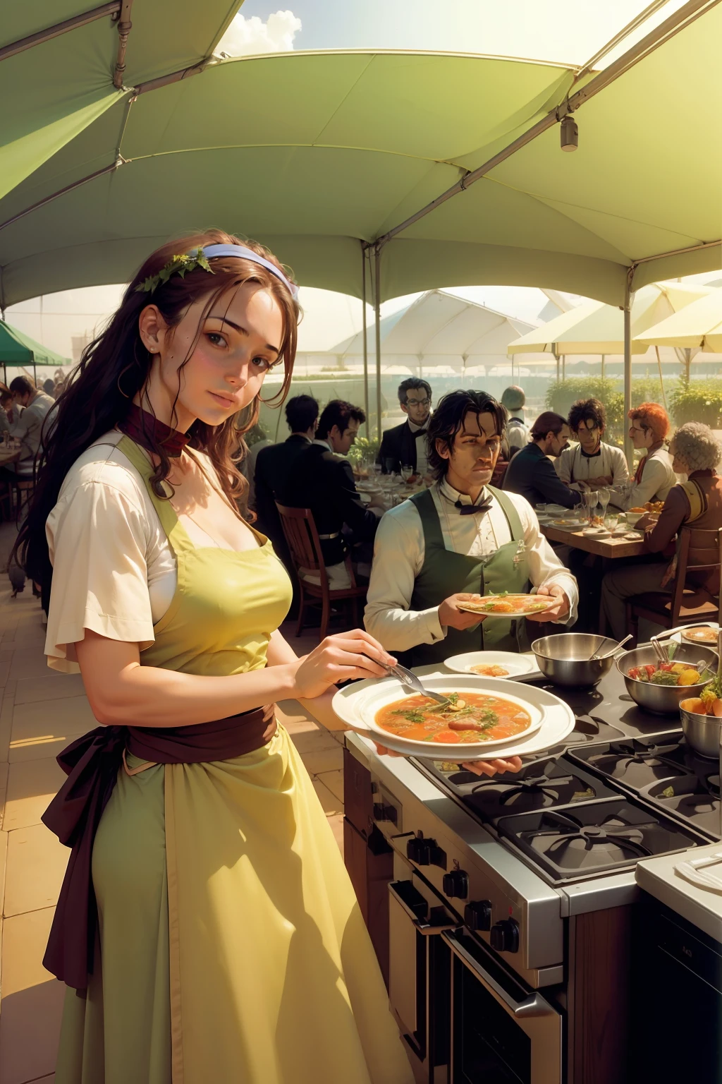 (solarpunk restaurant: the cook cooks the soup, the waiter serves the plates, crowded), under tent, plants, solar panels, solarpunk by Jean Giraud