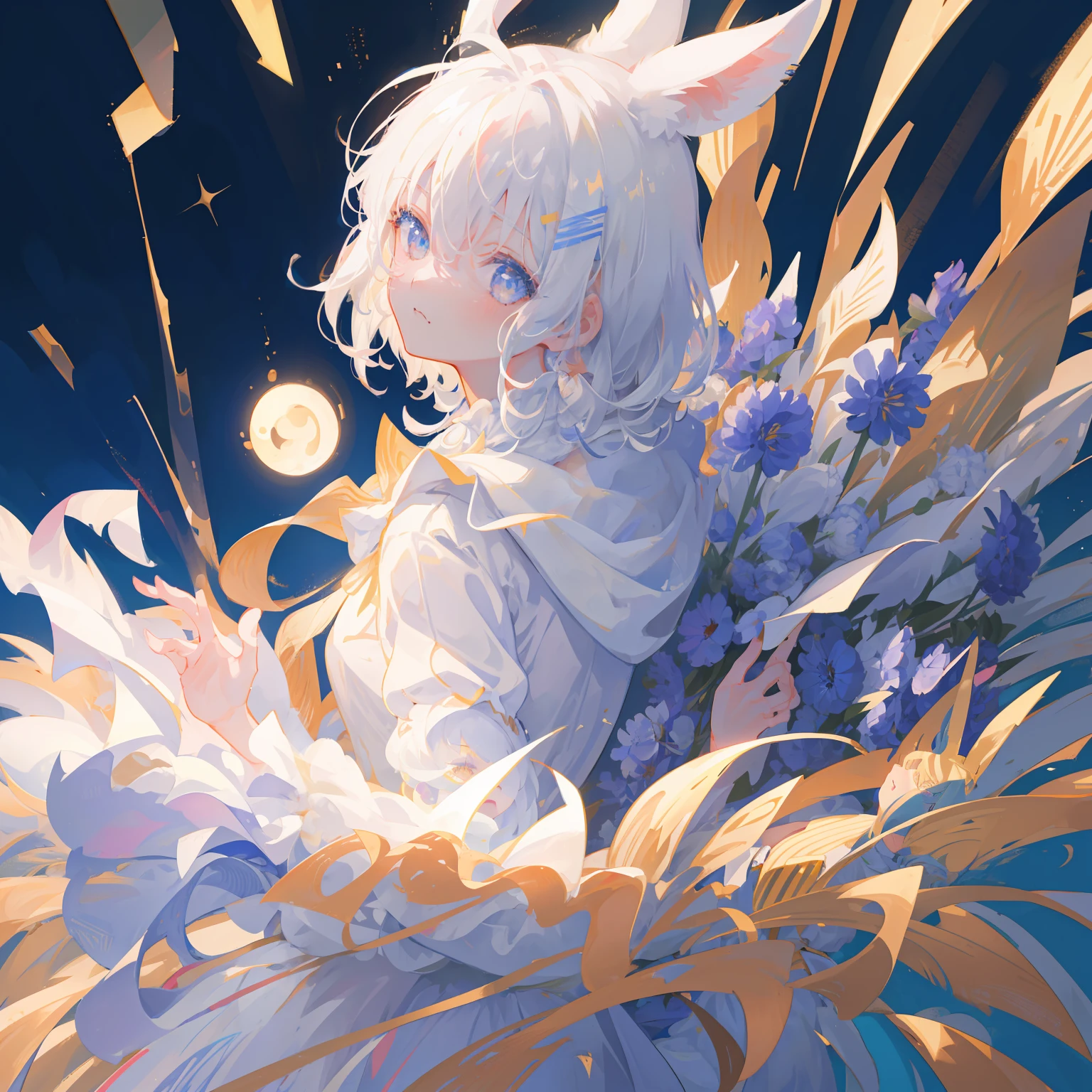 ​masterpiece,top-quality, Best Quality, the Extremely Detailed CG Unity 8K Wallpapers, Cinematic lighting, Lens Flare, Eyes in Beautiful Details, side glance, colorful light, Particle, portrait closeup,Cornflower Art、dream-like,hight resolution、volume illumination、contour deepening,Back lighting、Very detailed 8k wallpaper、 1 girl in,独奏, white  hair,Rabbit ears, Sweaters, Wavy mouth, white backgrounid,Teary-eyed,Chiffon dress,fluffy hair,short-hair