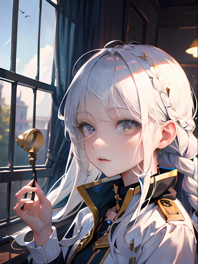 Need,tmasterpiece,whaite hair,Golden eyes,Manteau blanc,Hairline,Fair skin,SideBraid，fully body photo，blackstockings