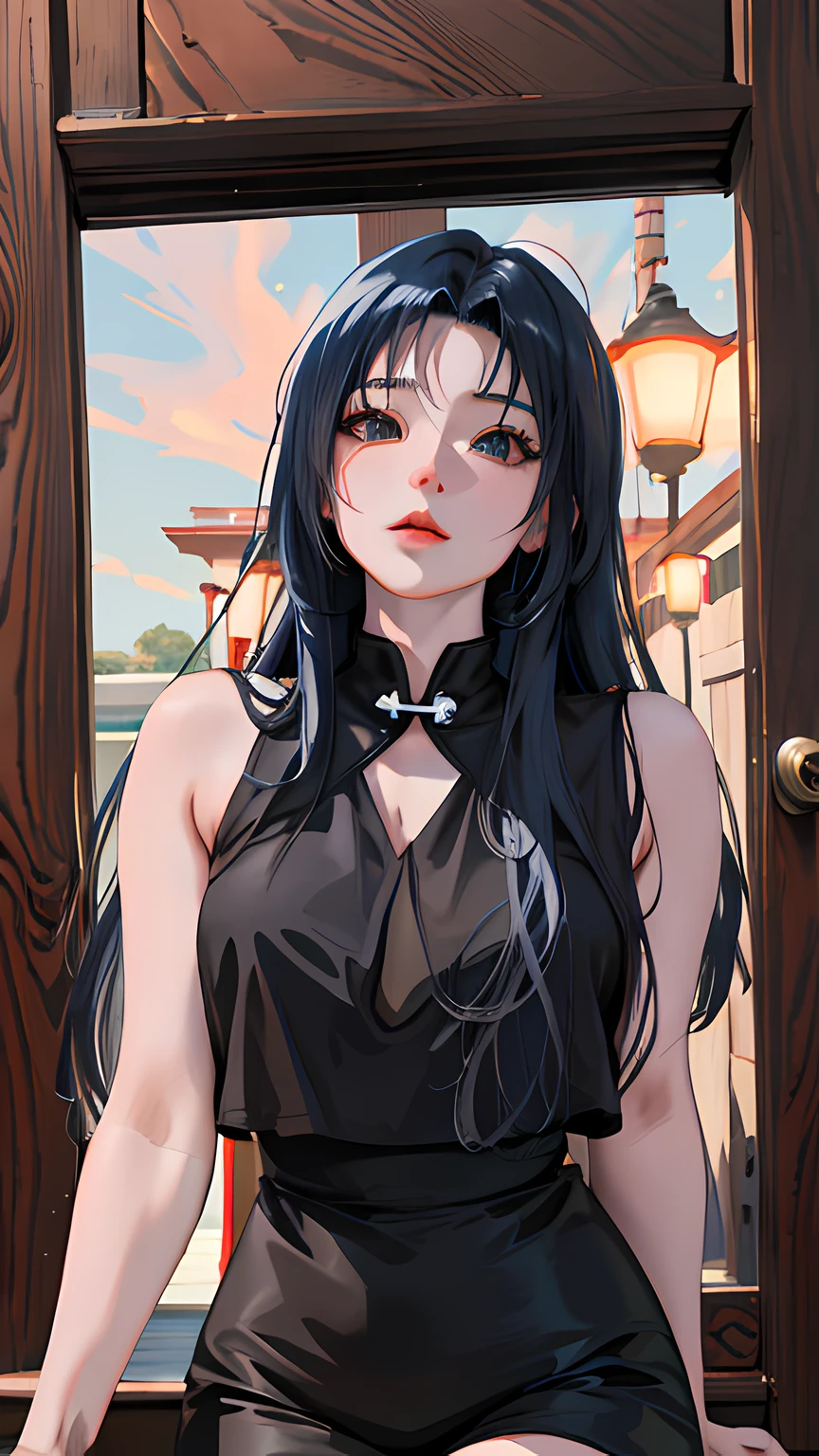 Anime girl with black hair and black cheongsam standing in front of the door, Guviz-style artwork, Digital anime illustration, attractive anime girls, seductive anime girls, realistic anime artstyle, Digital anime art, Anime girl wearing black dress, Anime style. 8K, portrait anime girl, Beautiful anime girl, style of anime4 K, a beautiful anime portrait,Realistic anime 3 D style, Anime style. 8K, anime realism style, realistic anime artstyle, Photorealistic anime,style of anime4 K, Guviz-style artwork, Casual pose,((tmasterpiece,best qualtiy)),illustratio,Ultra-detailed 8K,Photorealsitic,Clear focus,A highly detailed,Professional lighting,Colorful detailed,Rainbow color BREAK factory super long shot,with light glowing,Complicated details,Shitu-mecha,1girl stands in front of the audience,Bigchest。