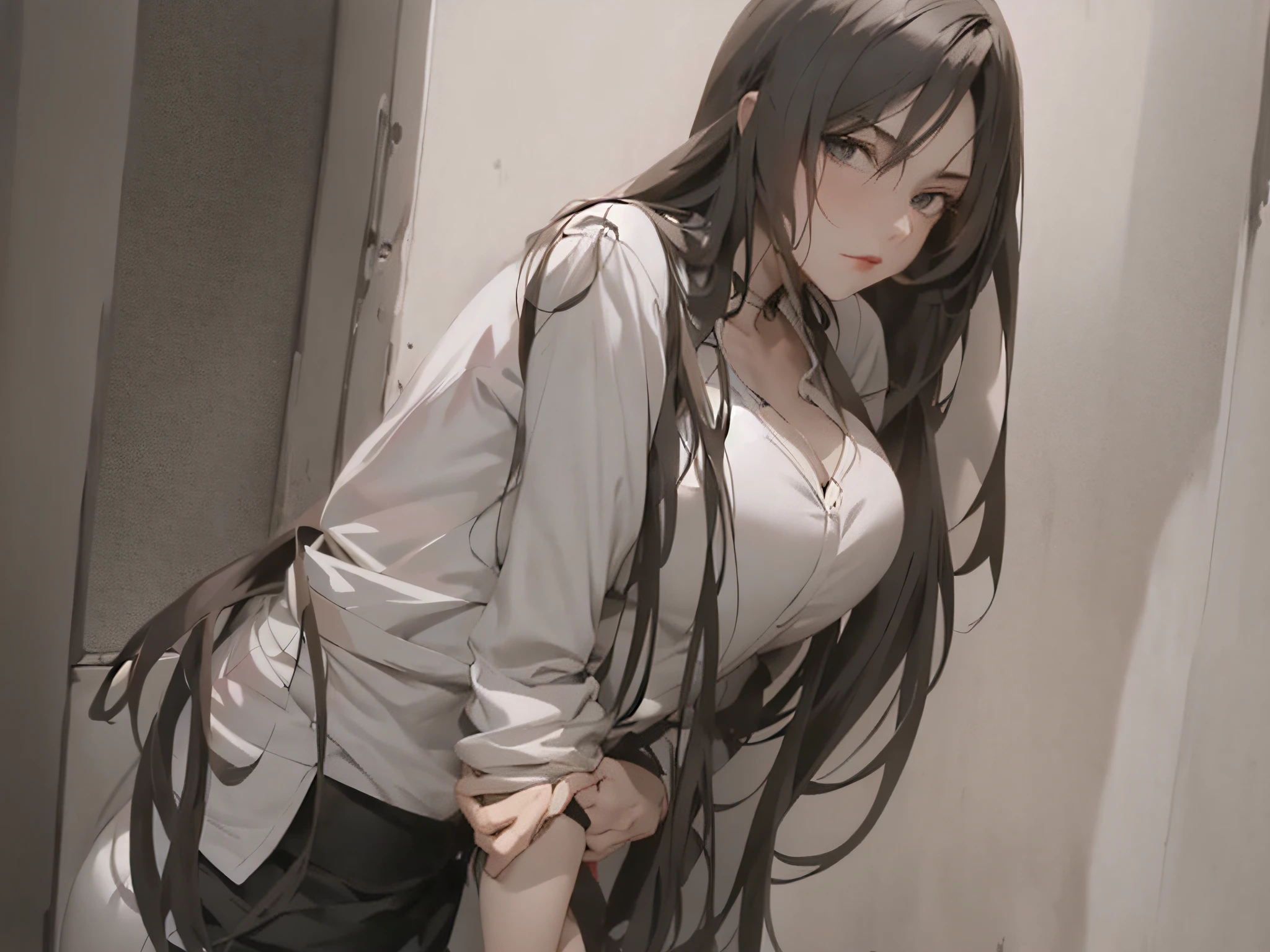 Long-haired anime girl against the wall, ilya kuvshinov with long hair, Anime girl with long hair, seductive anime girls, attractive anime girls, Smooth anime CG art, Beautiful anime girl, the anime girl is crouching, Beautiful Anime High School Girls, Anime. Soft lighting, Realistic young anime girl, (Anime girl), Guviz