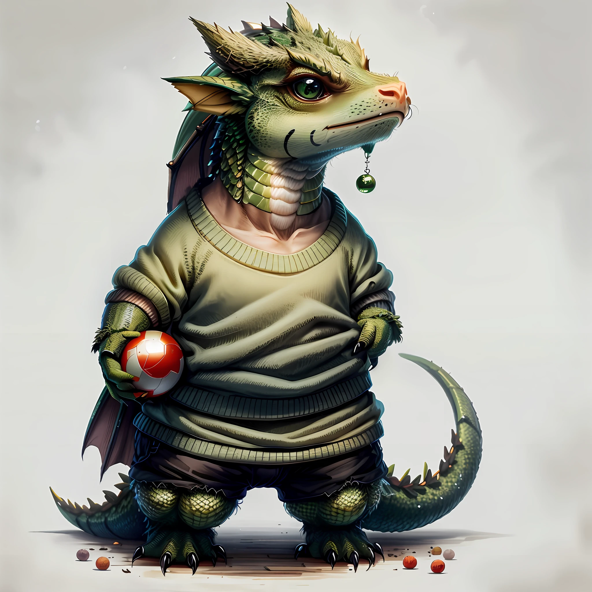 "cute green Dragon playing with ball, highly detailed eye, adorable sweater clothes,cbzzb
