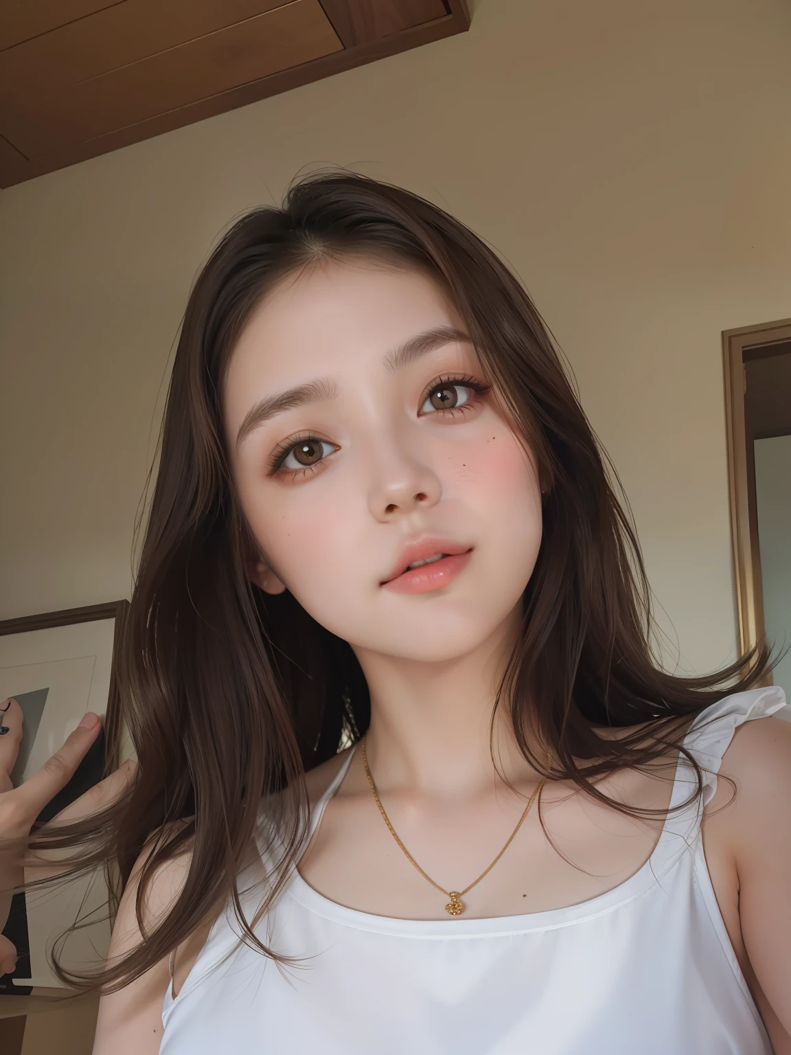 "Best quality, masterpiece, realistic portrait of 1 girl with brown hair and brown eyes. Front-facing view with detailed and beautiful eyes."