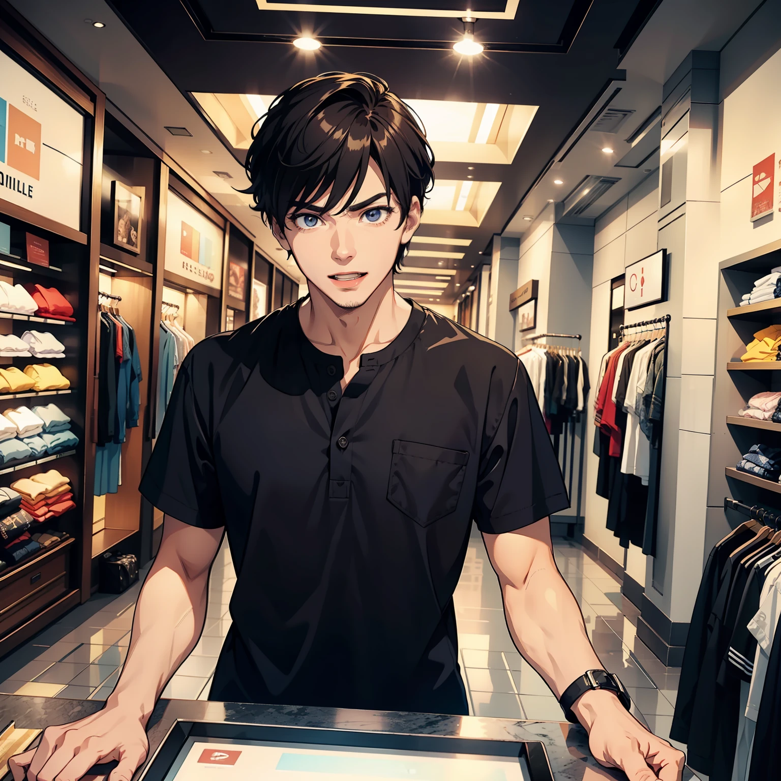 1 handsome guy,Open-mouthed,laughingly,Serious eyes,camisa casual,Stand in front of the front desk,Mall clothing store