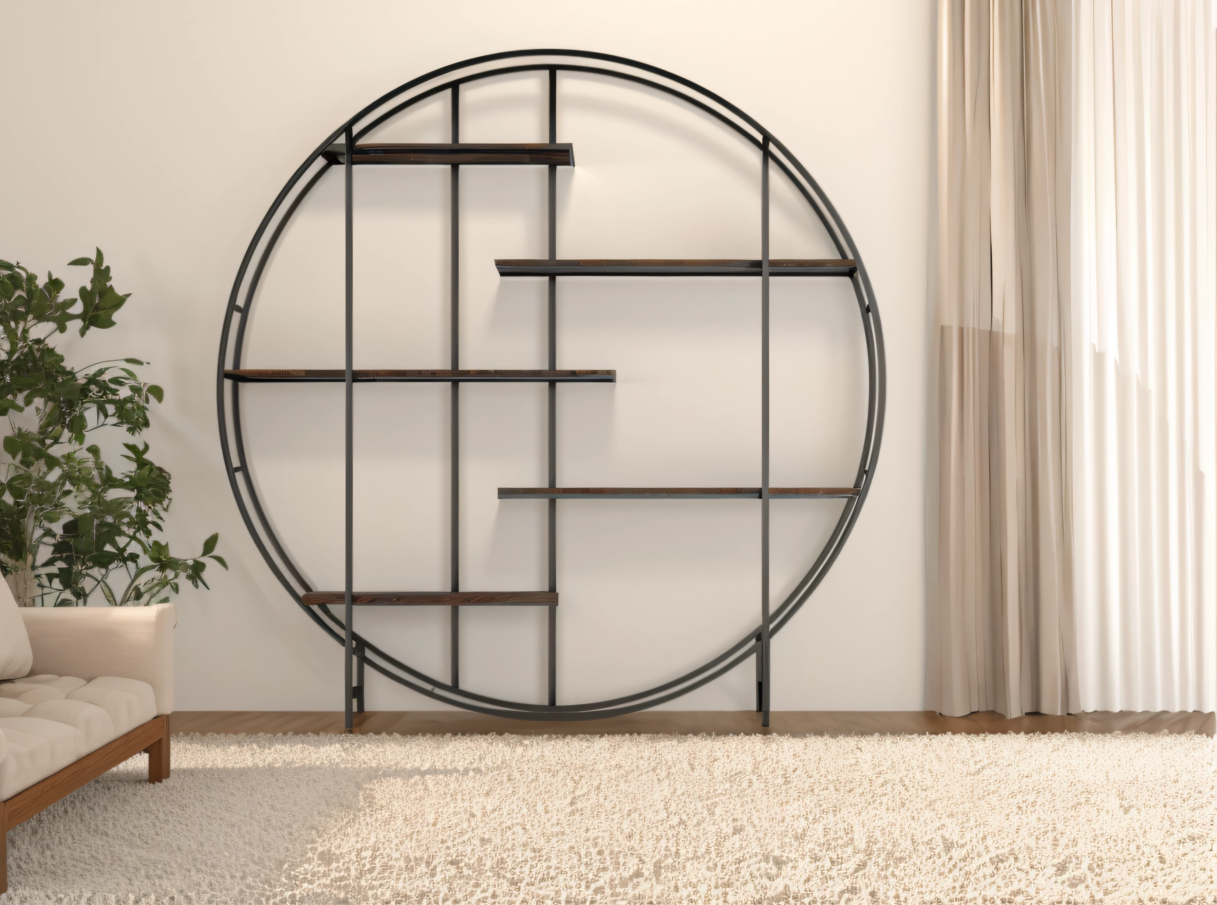 There was a room with a sofa and bookshelves, circular design, a round minimalist behind, Made of wrought iron, circular design, round doors, round format, Metal frame portal, Large round windows, depicted as a 3 d render, with 3d render, with 3 d render, shelves, computer generated, bookshelf, shelf