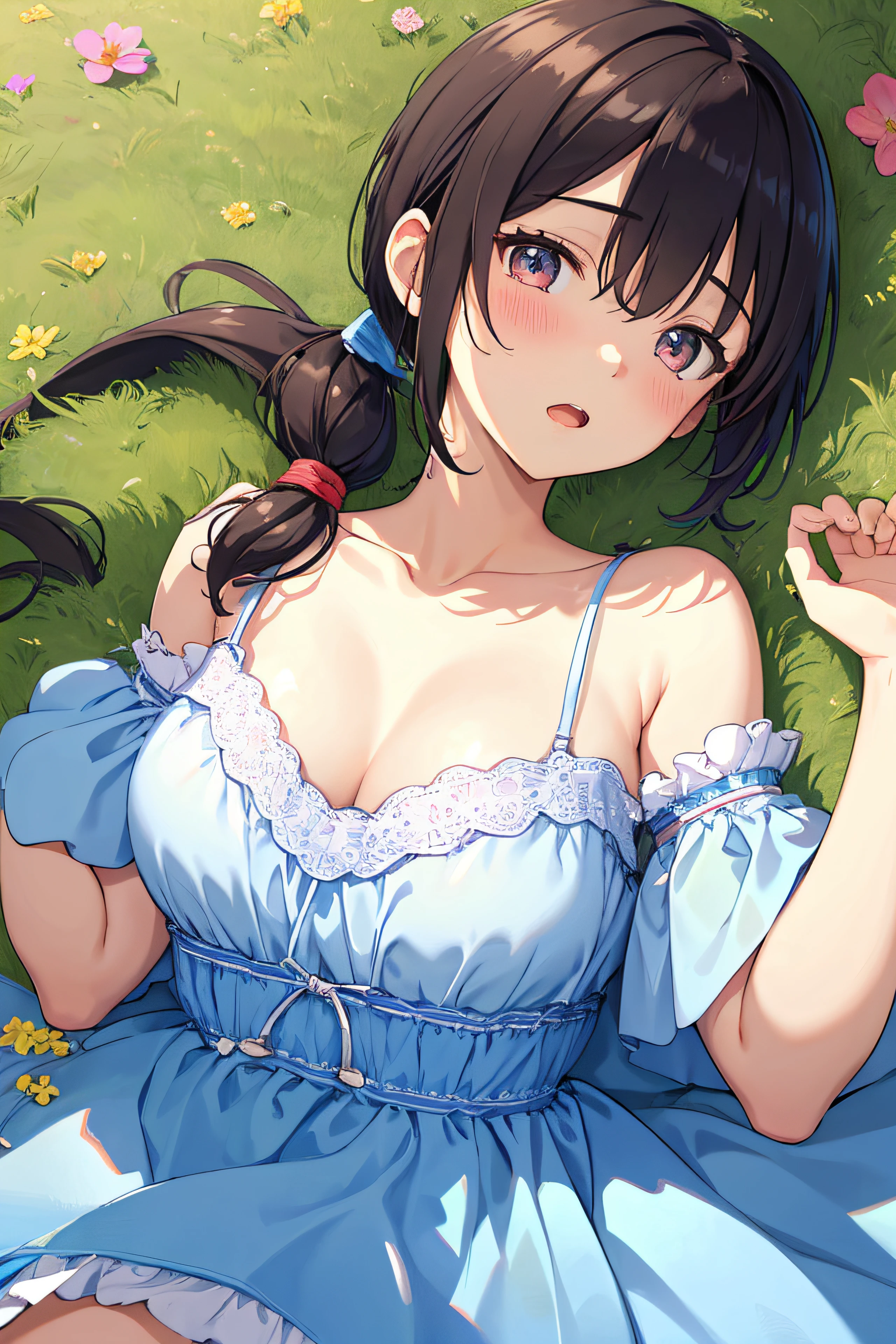 (florals)、(laying on the grass:1.5)、The upper part of the body,1girl in, Solo, Admire Vega, blac hair, eyes brown, breasts, sand beach, Lying, Dress, on  back, Looking at Viewer, blush, cleavage, Open mouth, Armpits, Put your hands on your stomach, Blue Dress, Longhaire、Low ponytail、be shy、Impatient、Puzzled