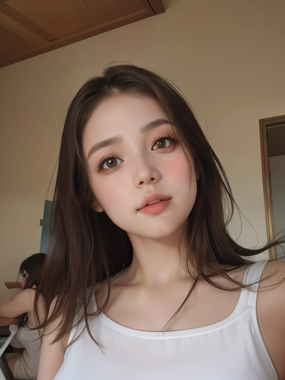 "Best quality, masterpiece, realistic portrait of 1 girl with brown hair and brown eyes. Front-facing view with detailed and beautiful eyes."