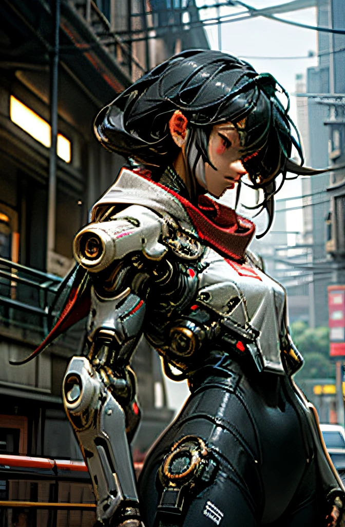 Dark, Fantasy, Cyberpunk,(chain saw, chain saw woman,Red:1.1),1beautiful Asian woman with beautiful brown eyes, clear eyes, Mechanical marvel, Robotic presence, Cybernetic guardian, wearing a sleek mech suit, intricate, (steel metal [futuristic]), elegant, clear focus, shot by Greg Rutkowski, volumetric lighting, vibrant colors, masterpiece, ((street)), cowboy shot, dynamic pose,