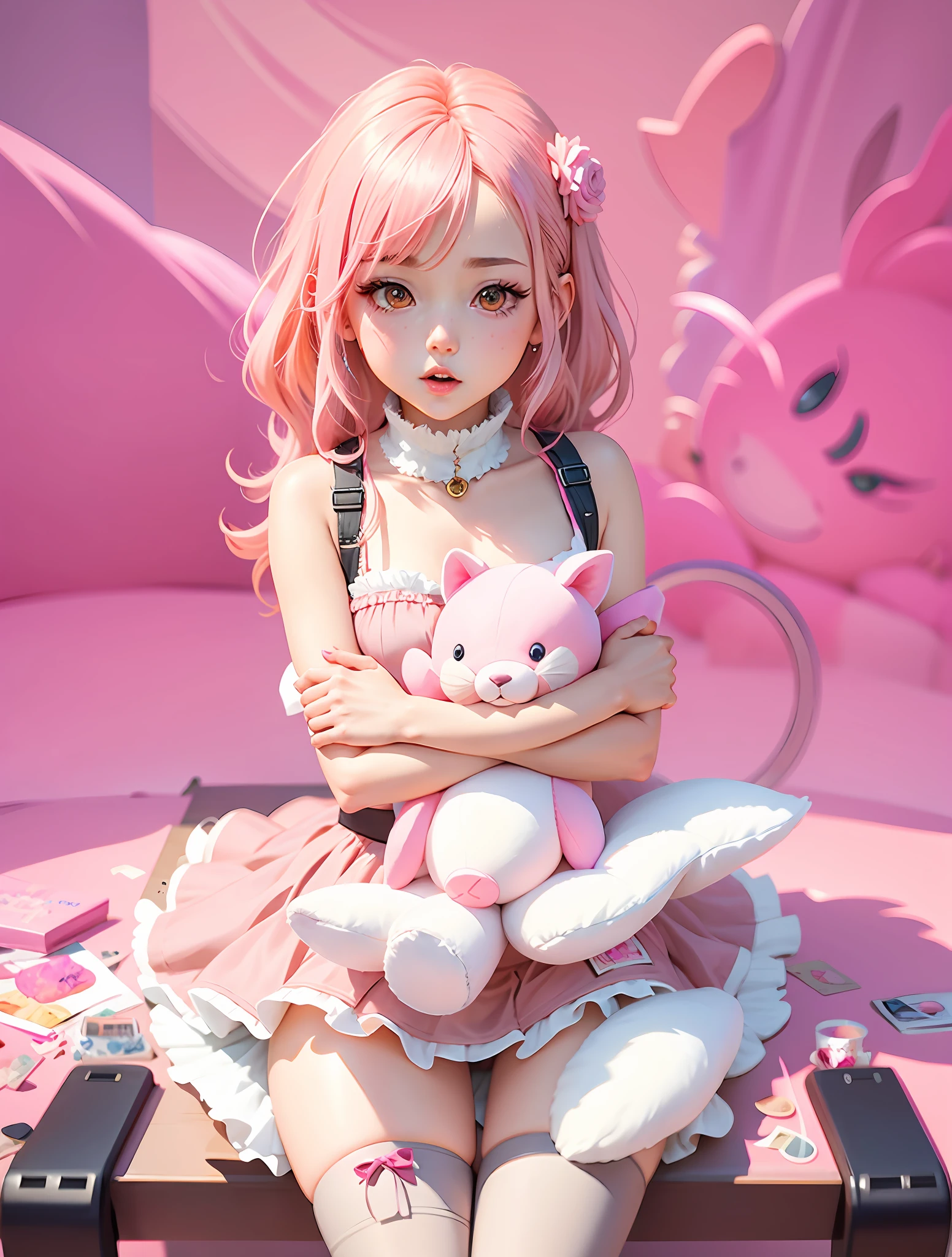 Anime girl with pink hair and pink dress holding stuffed animal, splash art anime loli, guweiz, guweiz on pixiv artstation, artwork in the style of guweiz, Lori, guweiz on artstation pixiv, Anime art wallpaper 8k, anime art wallpaper 4k, anime art wallpaper 4k