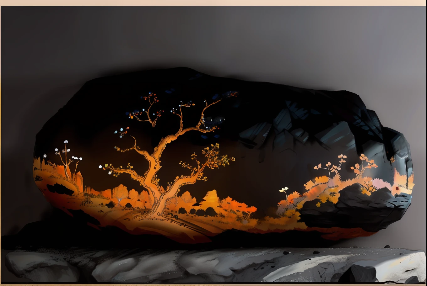 2D sketch painting on a rock face,meticuloso、Complex and complex paintings。