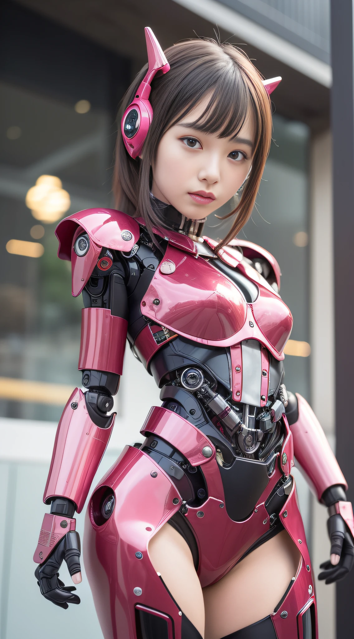 (Photorealsitic:1.4)、Onegirl、(top-quality),(hyperdetailed face)、(Super well-formed face)、((Robot Parts))、(Cyborg girl)、(Burgundy)、(metalic)、(fullllbody)、(sexy  pose)、(Slender body)、(Model body type)、(mecha exposure)、(akihabara)、(is looking at the camera)、(A dark-haired)、(９Head and body)、(a small face)、(Idol)、(front facing)、(is standing)、(Waving hands)、(Photo session)、(Looks sad)、(Cyborg girl in pink satin dress)、(Golden button)、(sleeve less)、(a miniskirt)、(a belt)、(Ｋ－ＰＯＰthe wind)