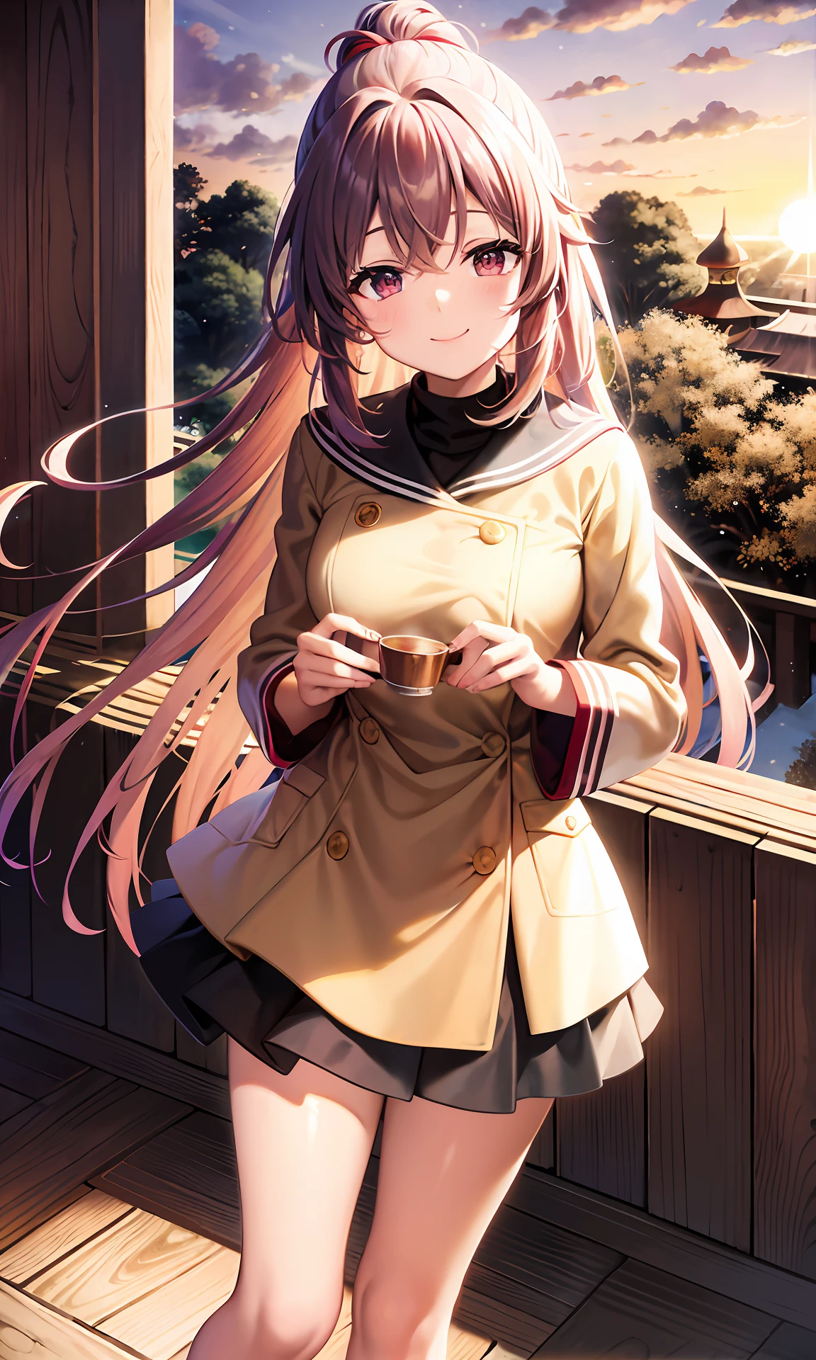 Wheat-colored complexion,cabelos preto e longos,Red and white witch costume,shrines,Pure,mature,Beautiful,ssmile,The location is at the shrine,springtime,the setting sun