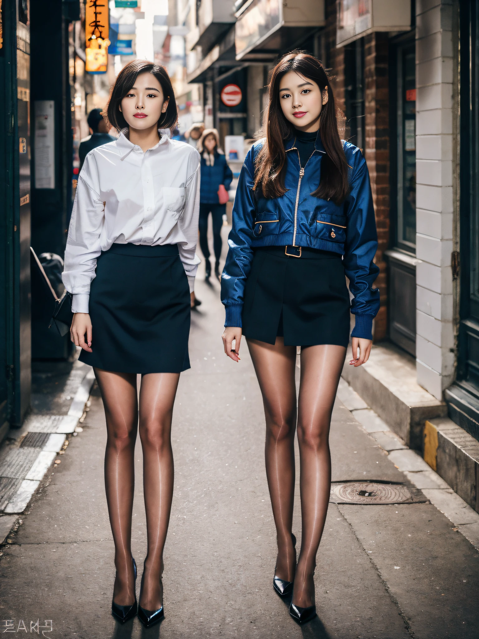 ,(RAW photo:1.2), (Photorealistic:1.4), Street photography,Beautiful Meticulous Girl, very detailed eyes and faces, Beautiful detailed eyes, ultra - detailed, A high resolution, The is very detailed,best qualtiy,tmasterpiece,Stylish clothes,a skirt,illustratio,The is very detailed,unified,8k 壁纸,finely detailled,tmasterpiece,best qualtiy,Unity8k wallpapers,light in face,cinmatic lighting, 1girll, ,(Camel toes),(full bodyesbian),are standing,鎖骨,Stylish clothes,Long legs,high-heels,the street,城市
