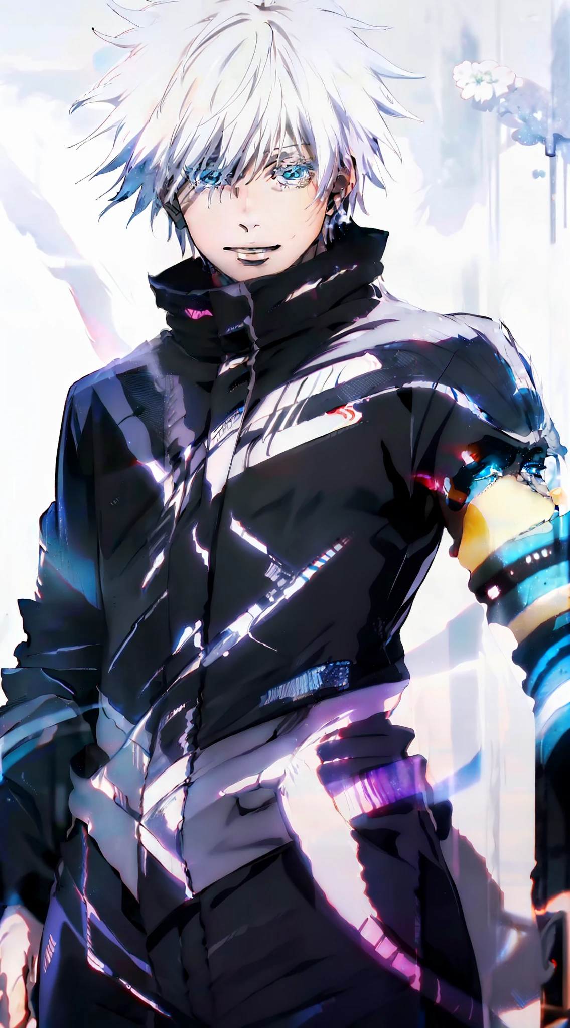 top-quality,Masterpiece,high-level image quality,8k,1 male,独奏,white hair,((Black clothes)),Light blue eyes,Detailed eye description,cowboy shot,full bodyesbian,Standing,Crazy smile,((White background,without background))