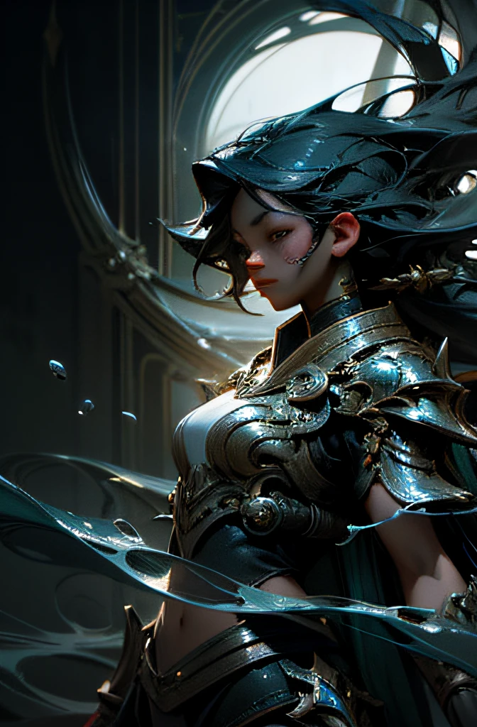 beautiful Asian Atlantean female warrior ready for battle, in Atlantis, cinematic quality, high quality, hyperrealism, high definition, high resolution, highly detailed, masterpiece, beautiful oil painting, volumetric lighting, high contrast, colorful, water elemental