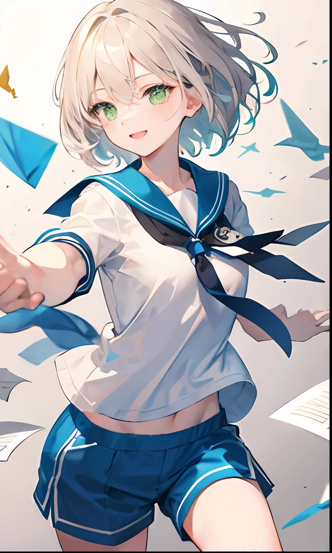 ((Masterpiece, Best quality)), Solo, Gender-natural females, Tall, Gray beige hair, ((Medium hair)), Straight hair, Unkempt hair, Green eyes, Half-closed_Eyes, hair between eye, Sailor suit, Blue shorts,Paper airplanes,Dynamic Angle,Action,squatt,Smile