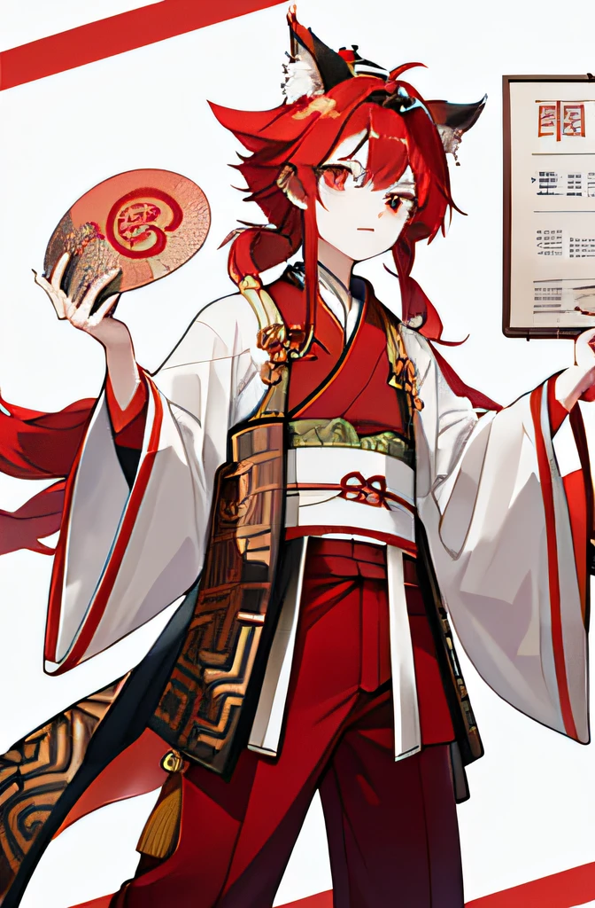 Kizi,redheadwear,fox ear,Ancient Chinese clothing,full bodyesbian,robe,shorter pants,long whitr hair,redheadwear,Qi bangs,Set the chart。