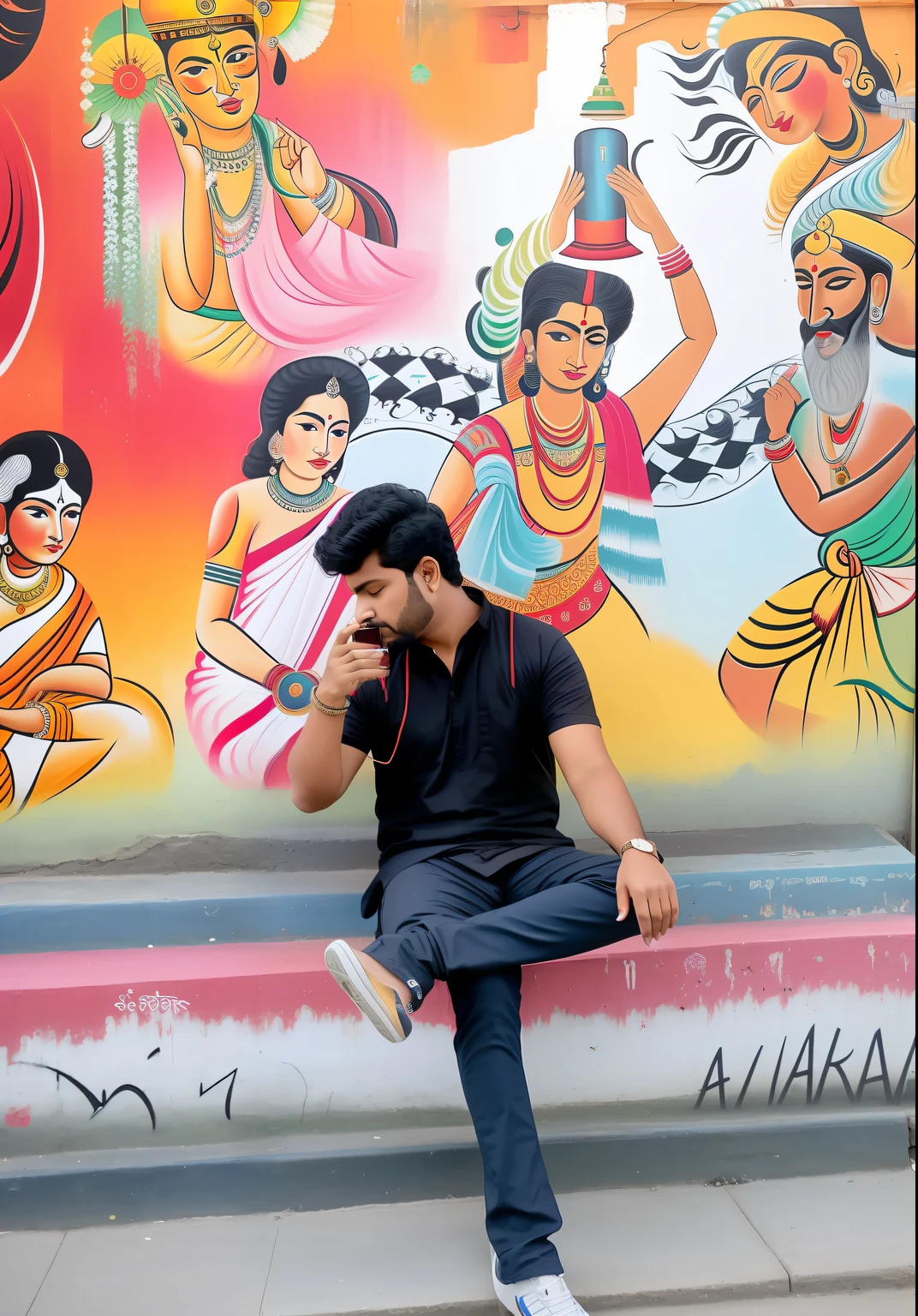 arafed man sitting on a bench talking on a cell phone, assamese aesthetic, jayison devadas style, inspired by Bikash Bhattacharjee, amazing ditial art, kalighat, graffiti in the background, hindu aesthetic, inspired by Kailash Chandra Meher, with a cool pose, inspired by Saurabh Jethani