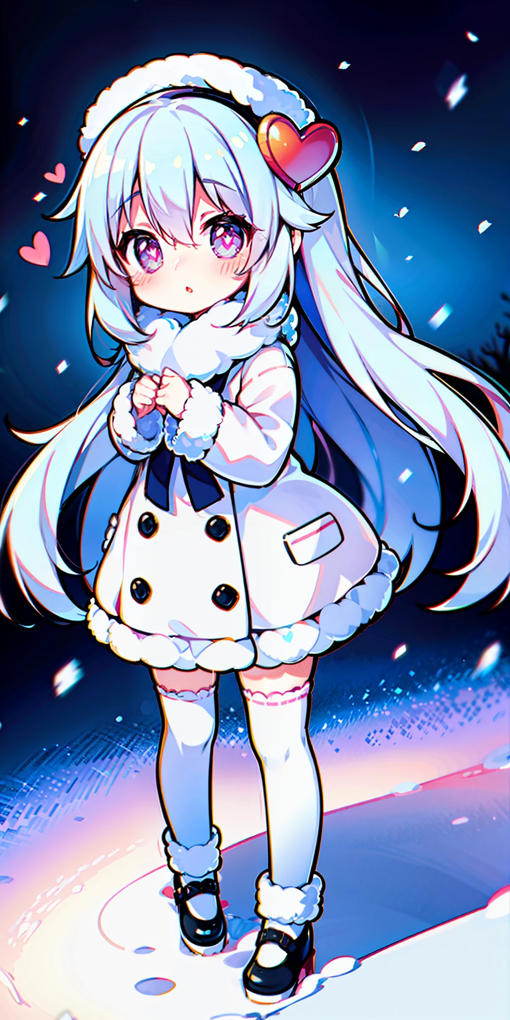 Loli, long hair, cute, heart-shaped pupils, solo, white hair, blush, winter, snow, outdoors, white stockings, standing