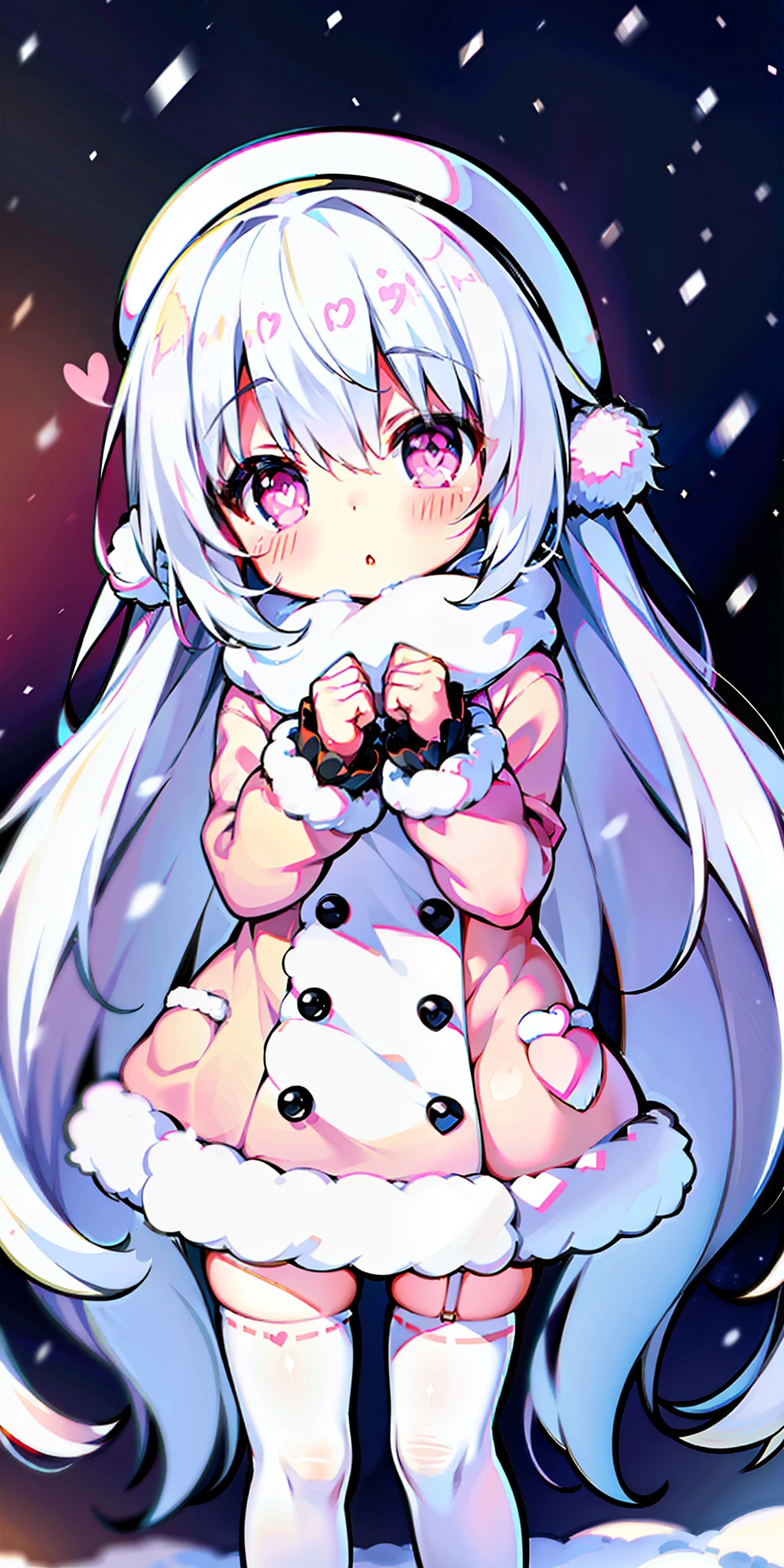 Loli, long hair, cute, heart-shaped pupils, solo, white hair, blush, winter, snow, outdoors, white stockings, standing