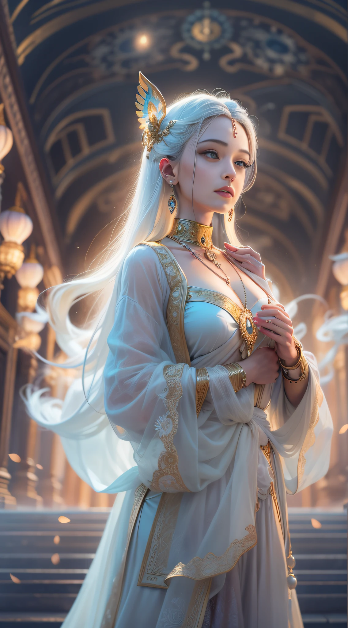 tmasterpiece,hyper HD,8K,White skin of the,Super long white hair,20 year old 1 girl,slim toned body,long hair flowing,paleskin,Glowing skin,Surrounded by lights,Exquisite jewelry,Delicate hair accessories,wears a long robe,Holding a bell in his hand,Professional classical dance moves,Medium angle,People float in the air,The feeling of being high,The hands are surrounded by a blue-violet aperture,Fairy air fluttering,Holding various magic weapons in his hands,Gorgeous silk,Flowing tulle,Golden Buddha statue Falun background and dazzling background,The golden Falun behind the numbers,Best light,cinematic filter,Digital illustration art,Superb art painting,