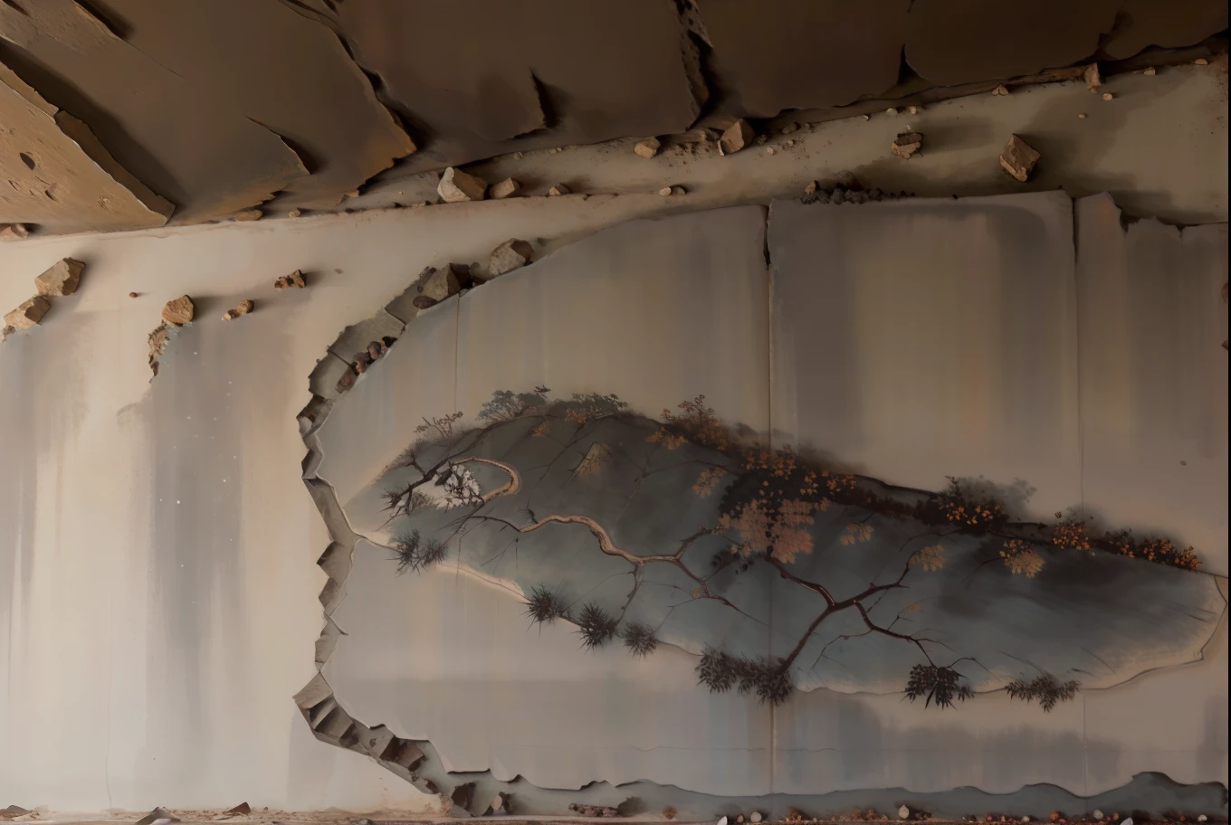 A painting carved on the flat surface of a rock wall，decrepit，Faded，Detailed pubic hair，Complex landscape paintings